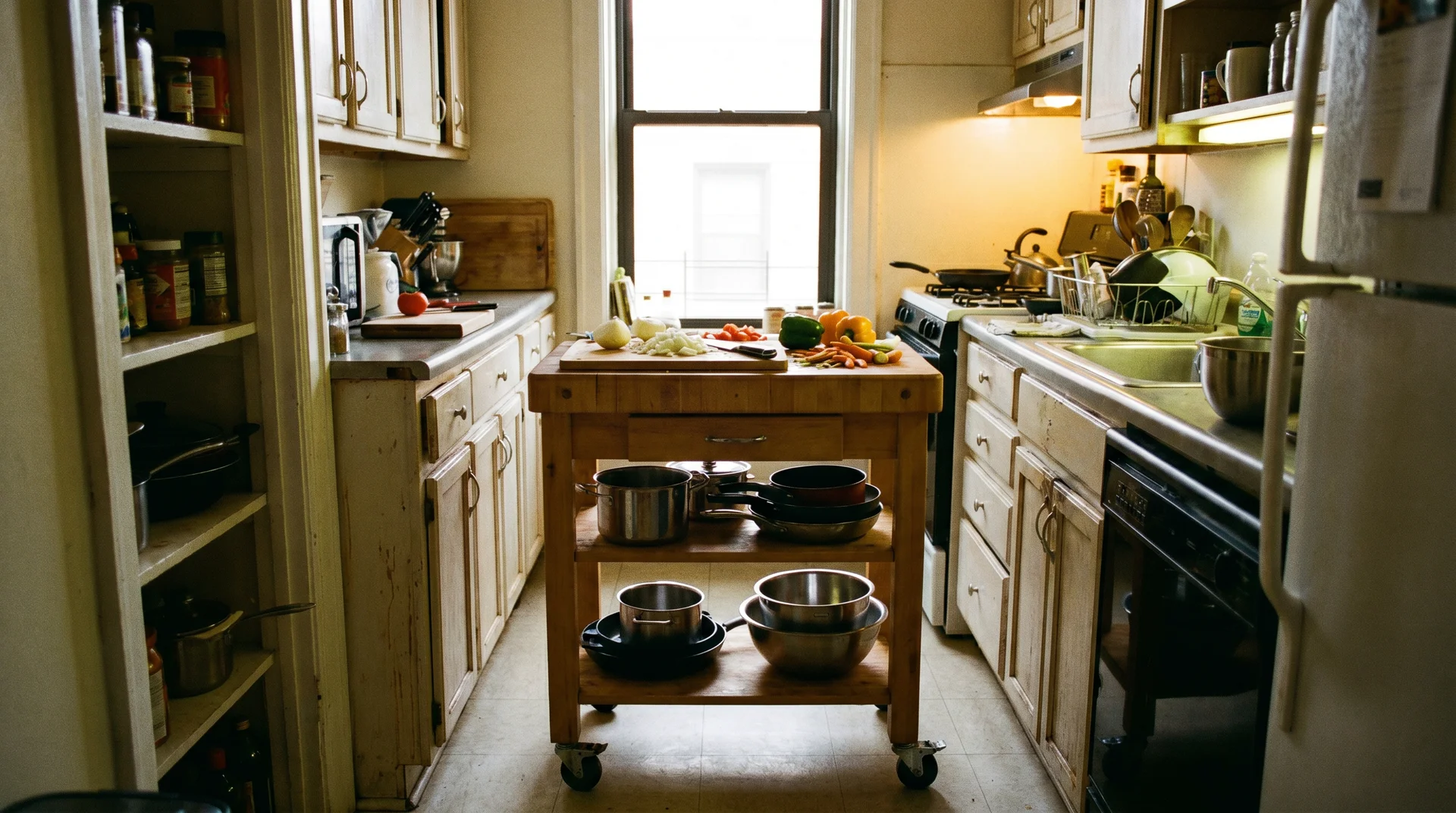 Rolling butcher block cart in use in a narrow galley kitchen, positioned for prep work.