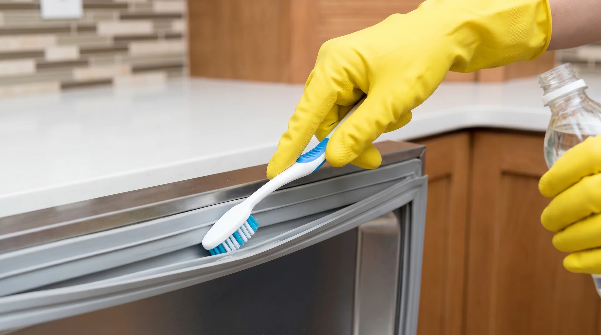 Rubber-gloved hand cleaning dishwasher door gasket fold with a toothbrush and white vinegar 