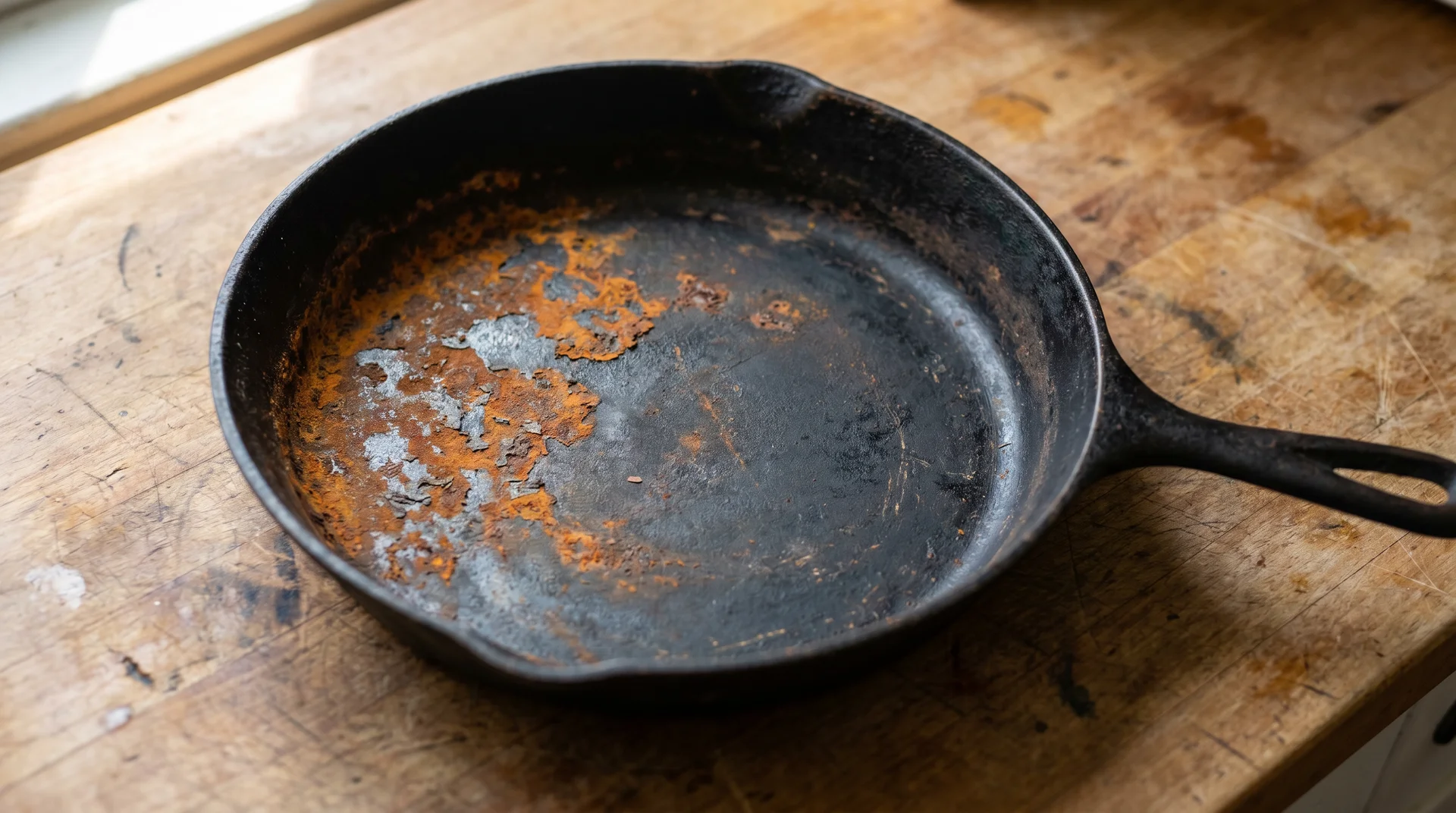 Rusty cast iron skillet on a wooden surface with orange-brown rust patches covering part of the cooking surface