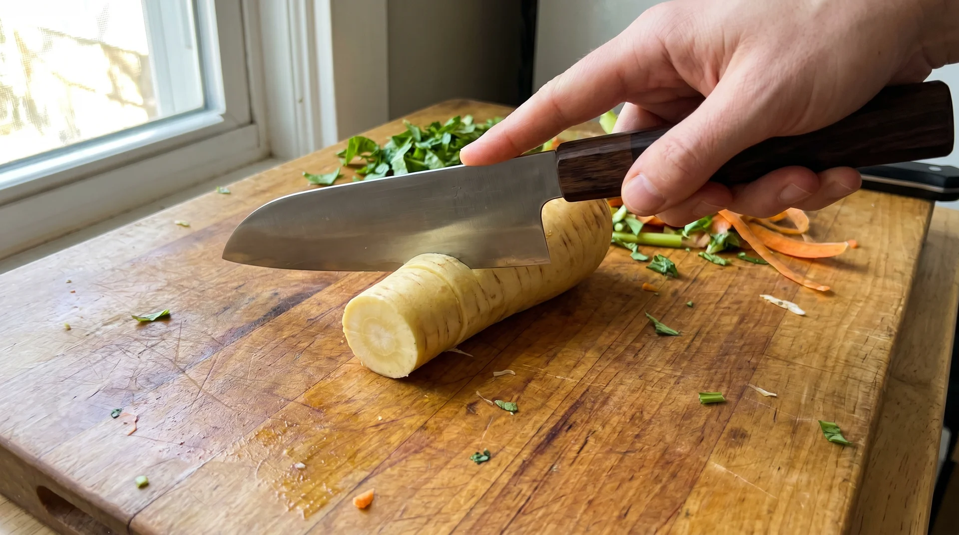Santoku knife in straight push cut motion through root vegetables showing flat edge in use