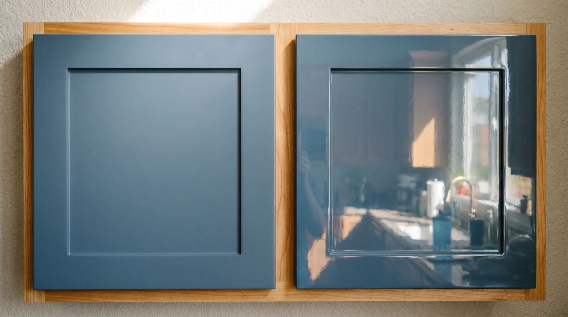 Satin versus semi-gloss finish on identical blue cabinet door samples under kitchen lighting
