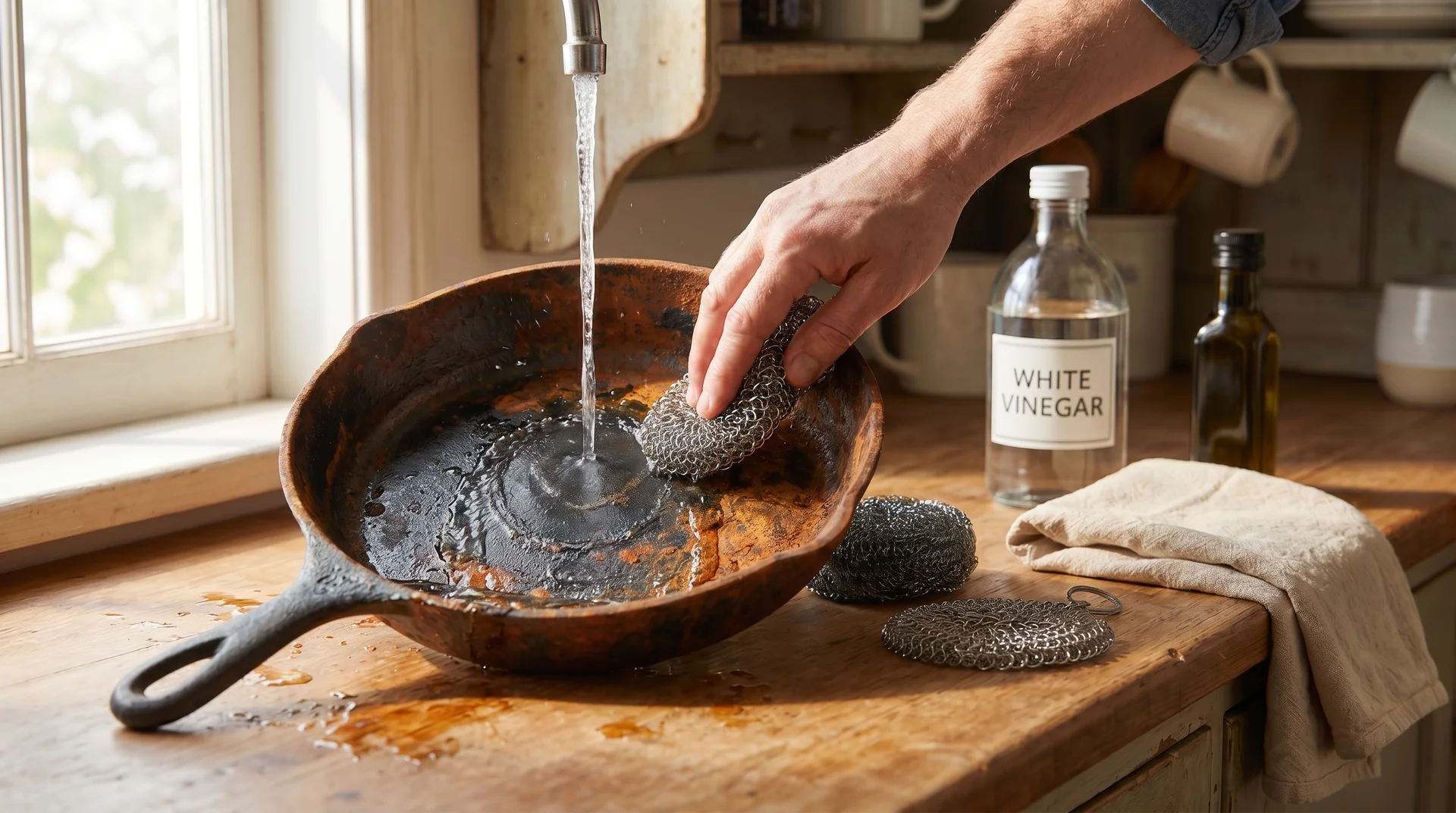 Scrubbing rust from the same cast iron skillet under running water