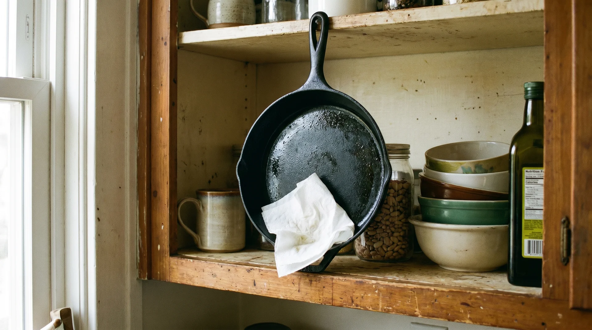 Seasoned cast iron skillet stored on a kitchen shelf with a paper towel inside to absorb moisture 