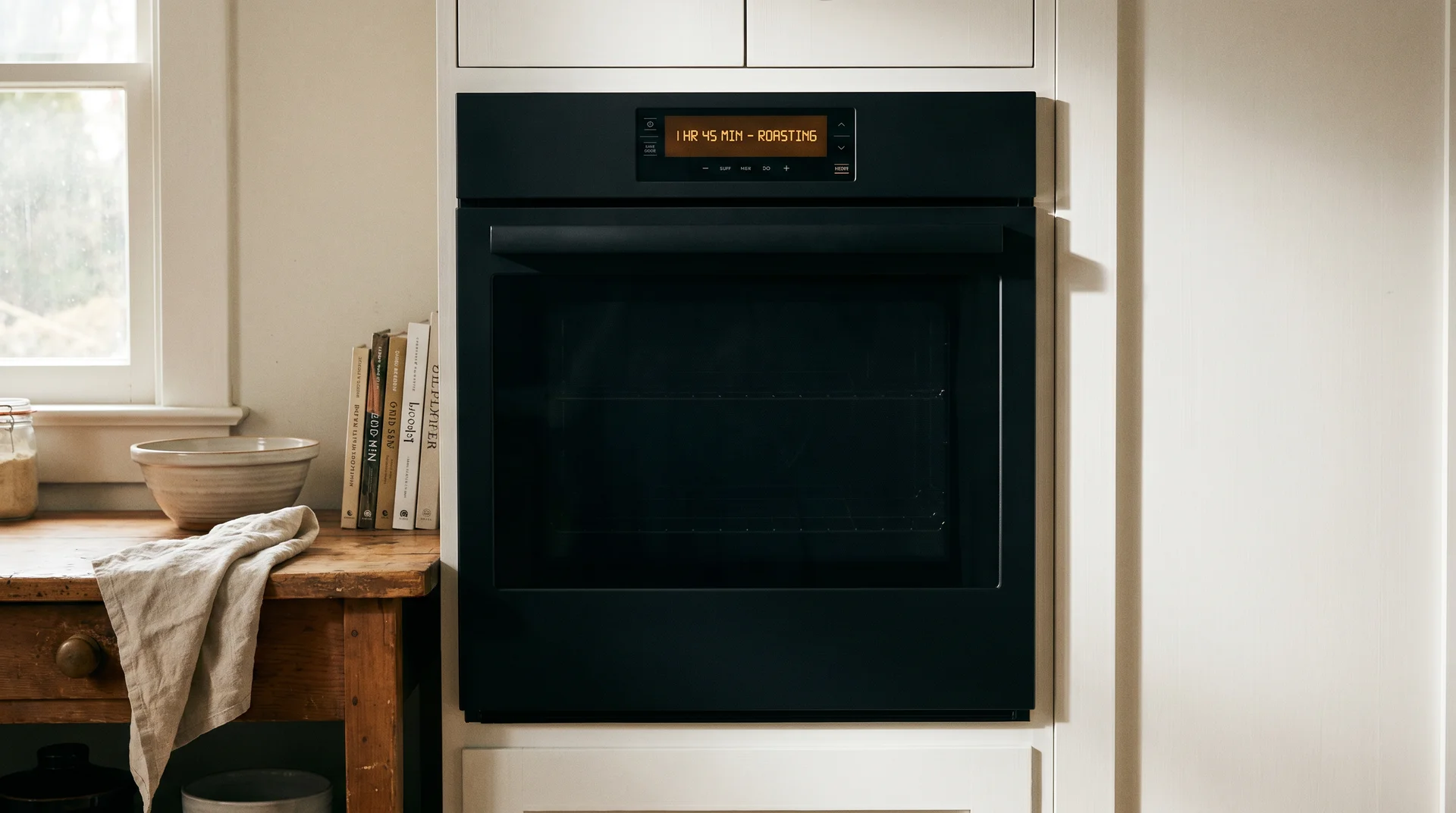Self-cleaning oven cycle running with timer visible on display panel