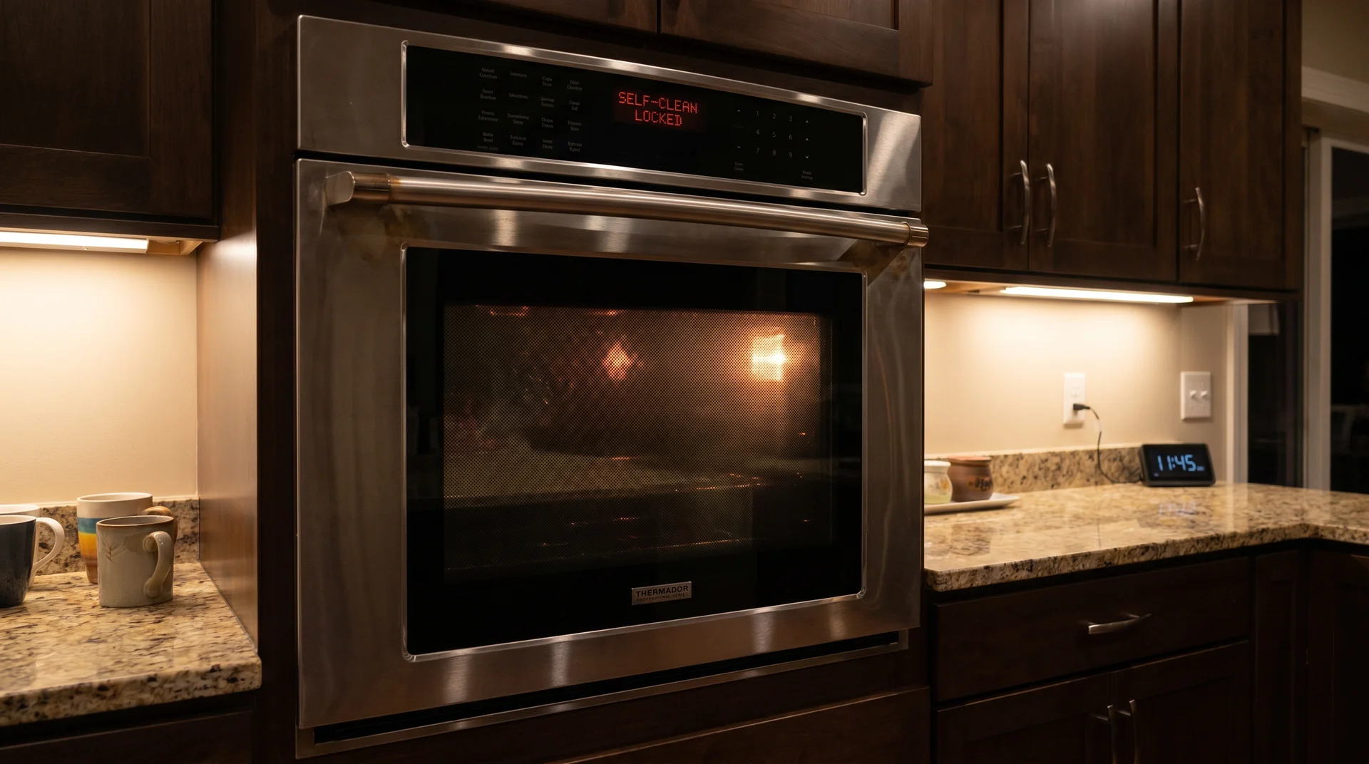 Self-cleaning oven running at high heat in a modern kitchen