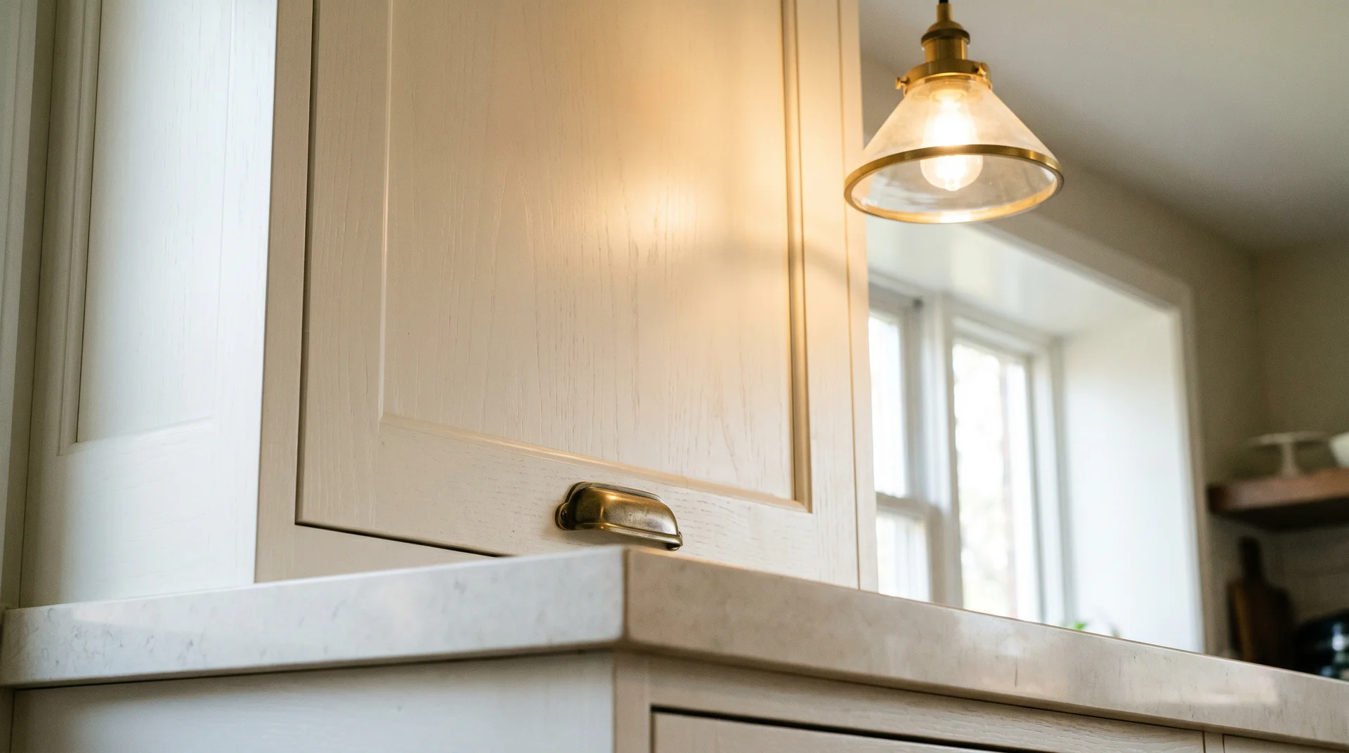 Shaker cabinets in warm white with quartz countertop in mid-range kitchen remodel
