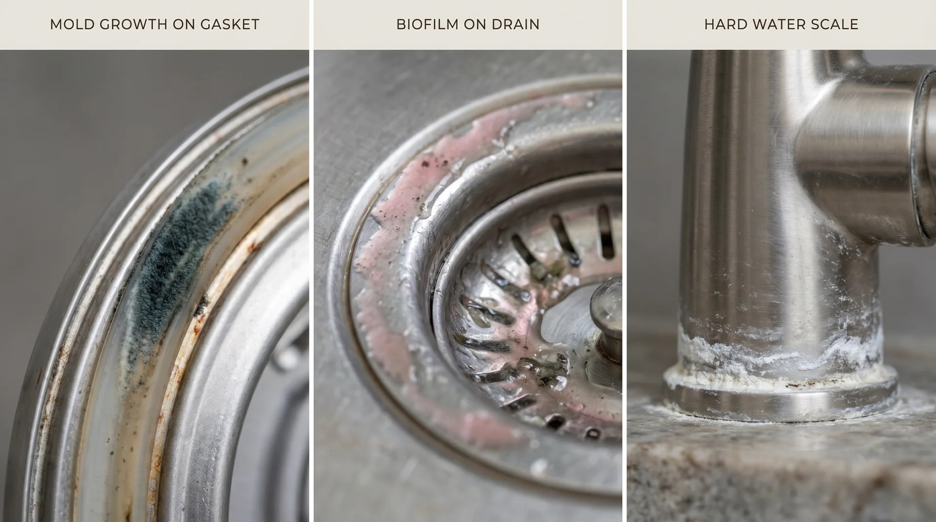 Side-by-side close-up of mold, biofilm, and mineral deposits on kitchen surfaces for visual identification

