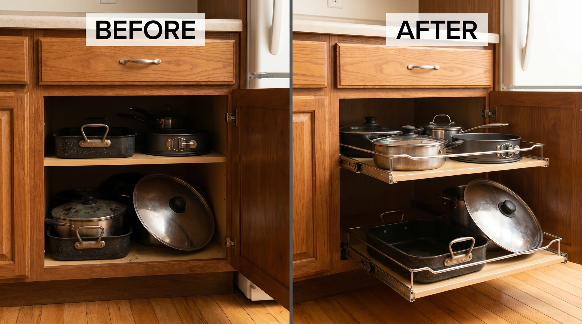 Side-by-side comparison of 24-inch base cabinet with fixed shelf versus full-extension pull-out shelf, showing accessible storage difference
You said: 4