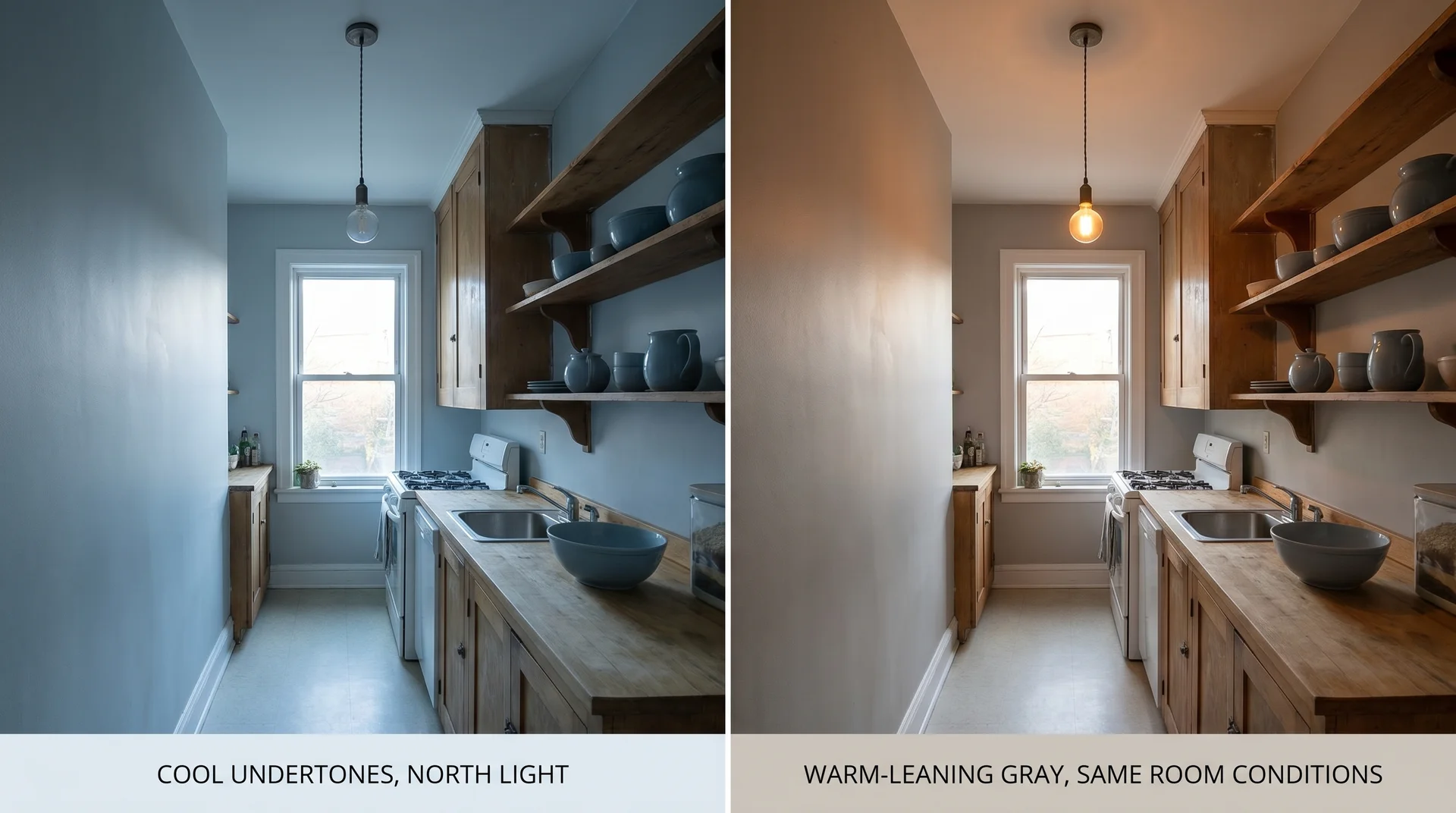 Side-by-side comparison of cool versus warm-leaning gray in a north-facing kitchen under the same lighting conditions
