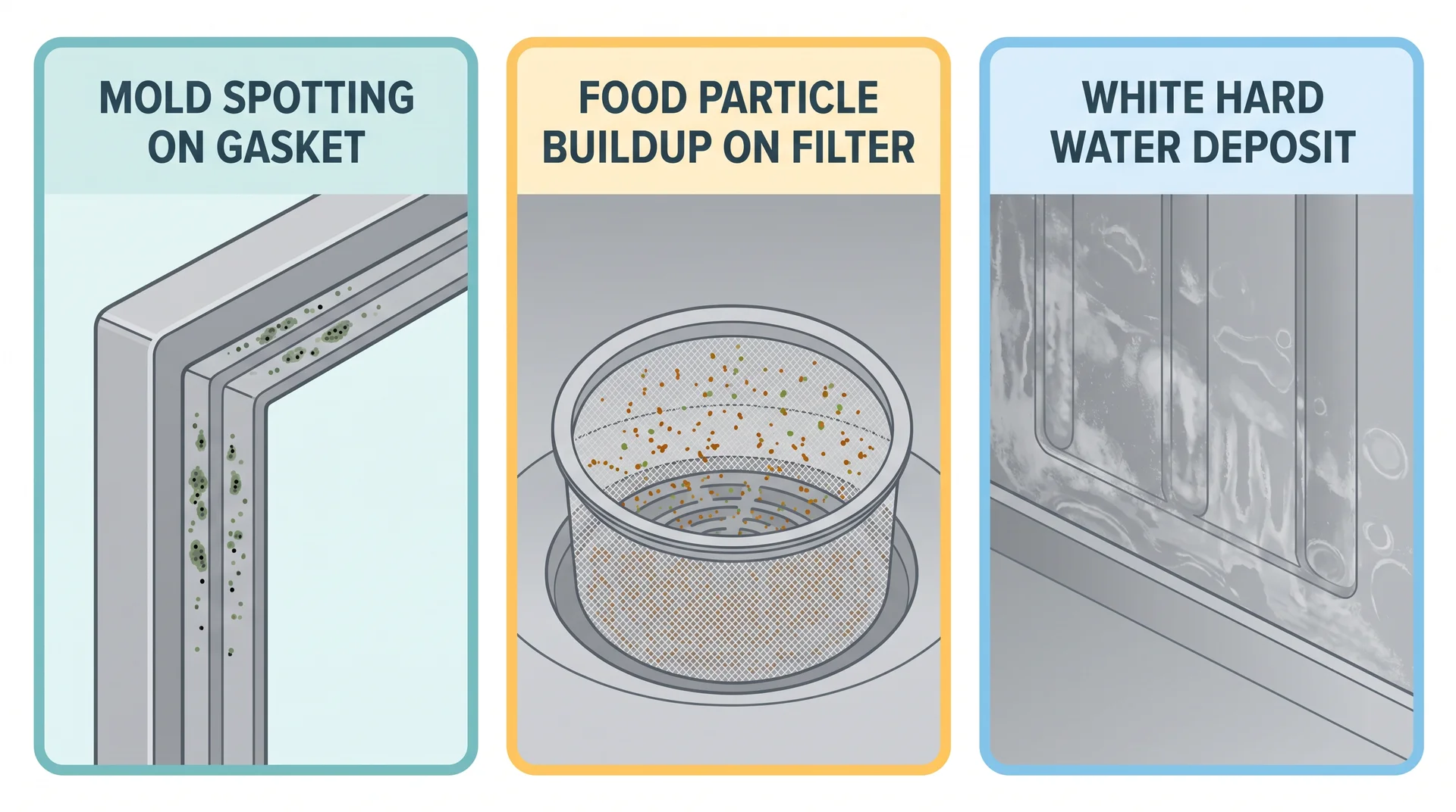 Side-by-side comparison of dishwasher mold, food buildup, and hard water deposits 