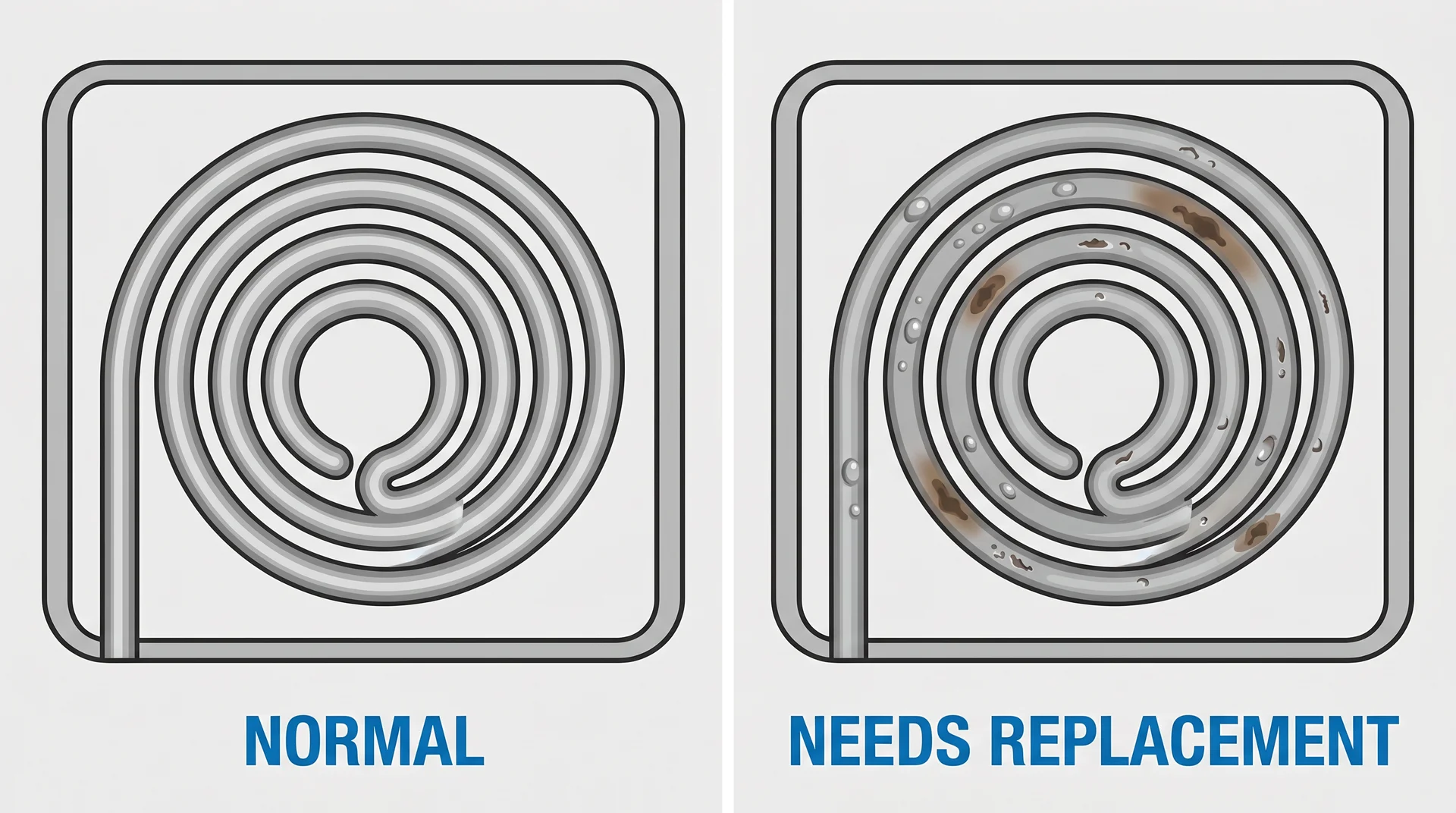 Side-by-side comparison of healthy dishwasher heating element versus failing element with blistering