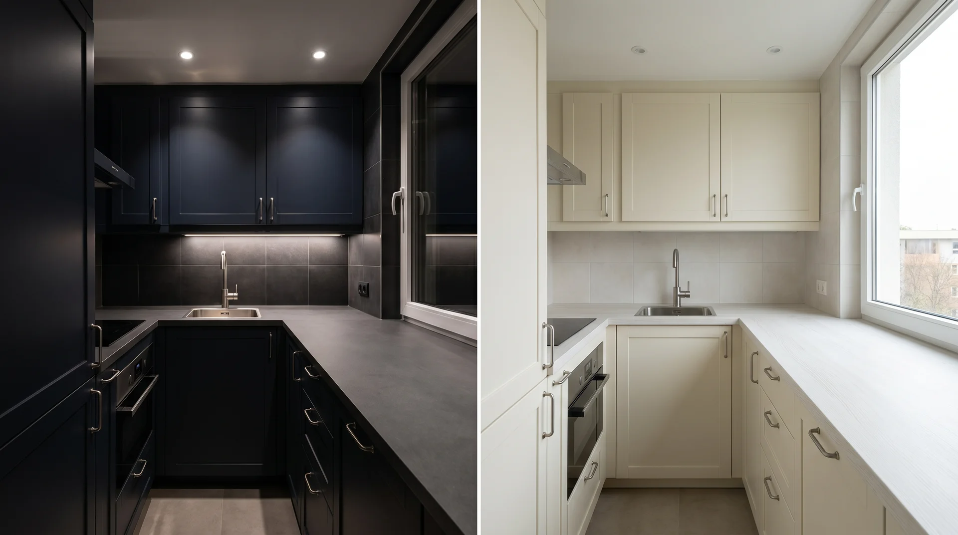 Side-by-side comparison of identical tiny kitchen layout with dark navy cabinets versus light cream cabinets showing spatial perception difference
