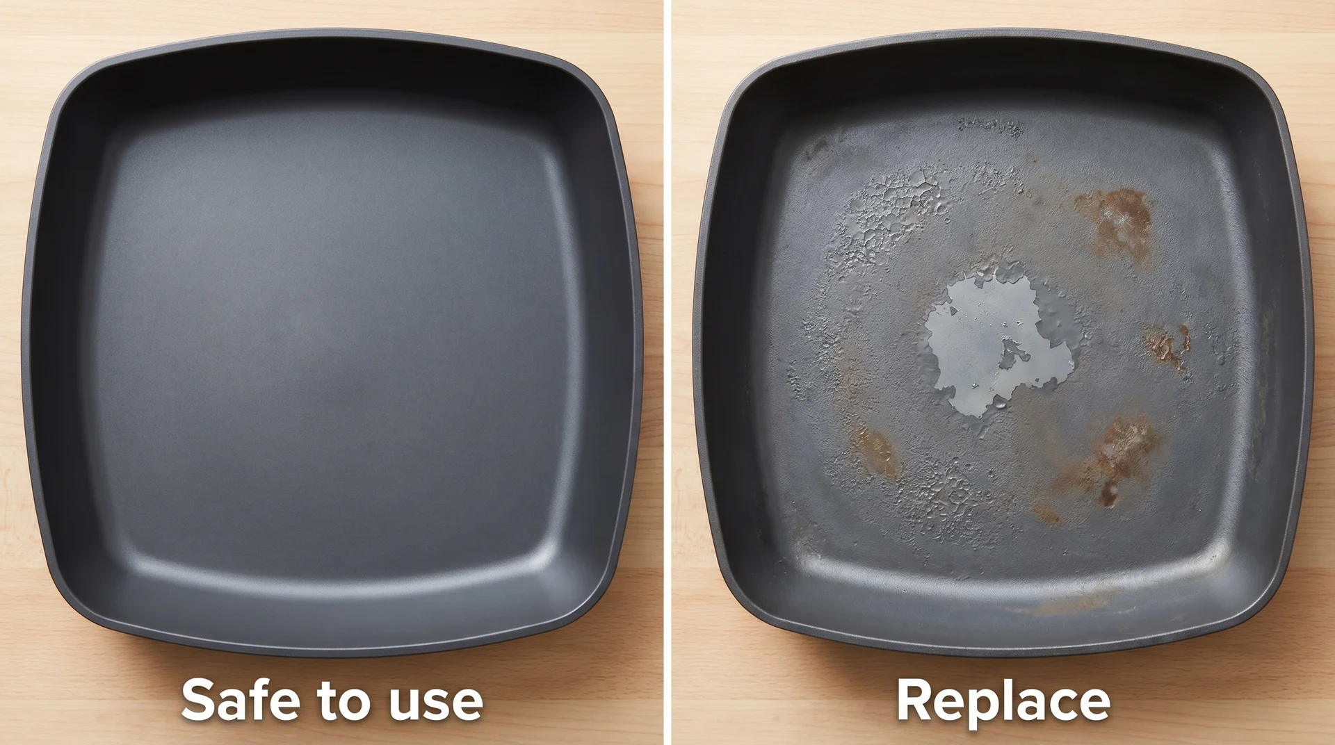 Side-by-side comparison of intact cast aluminum pan surface versus pitted and flaking damaged surface