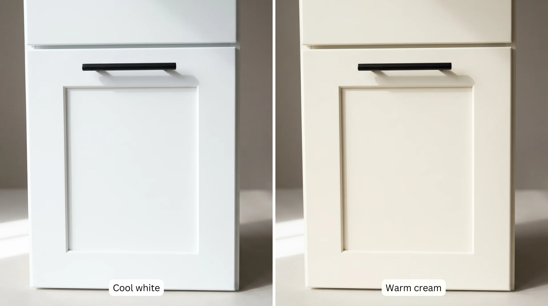 Side-by-side comparison of matte black bar pull on cool white versus warm cream cabinet showing why undertone determines the result