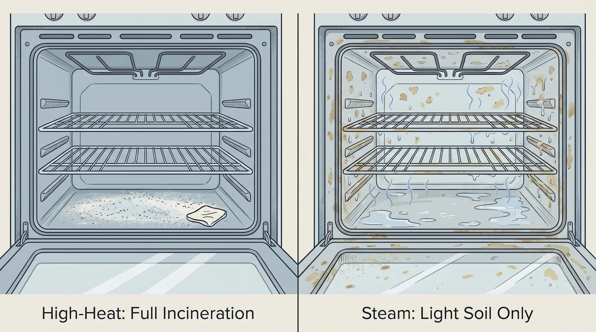 Side-by-side comparison of oven interior after high-heat self-clean versus steam clean cycle