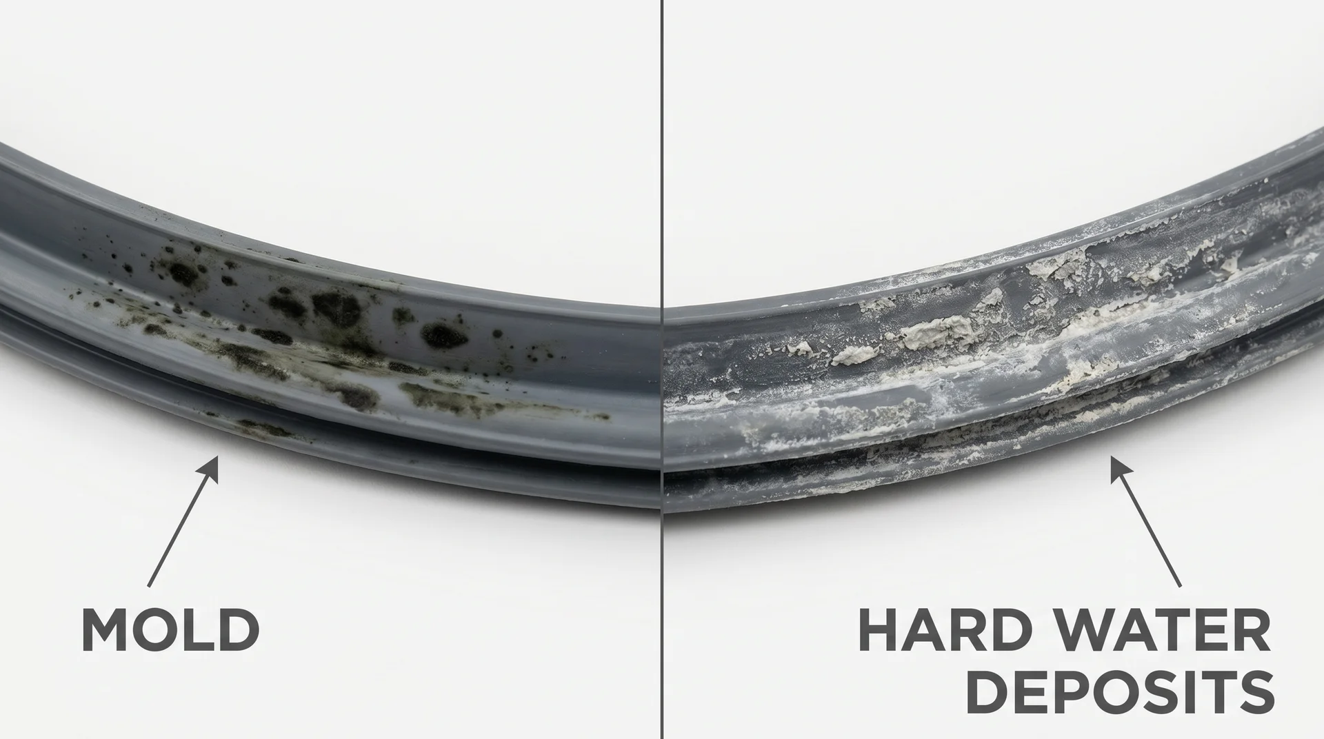 Side-by-side comparison showing black dishwasher mold spots versus white hard water mineral deposits on a door gasket