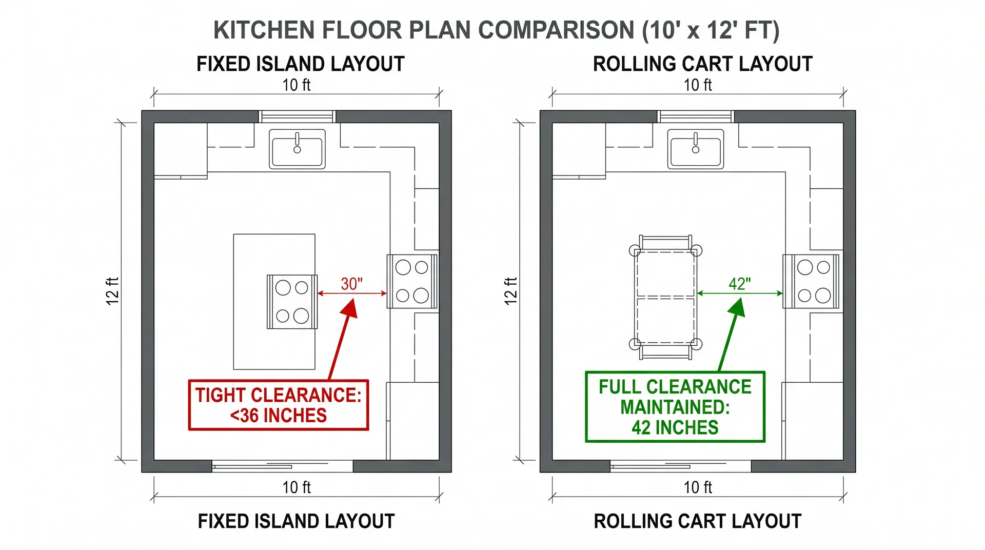 Side-by-side floor plan comparison showing a fixed kitchen island with tight clearance versus a rolling cart with full 42-inch aisle clearance