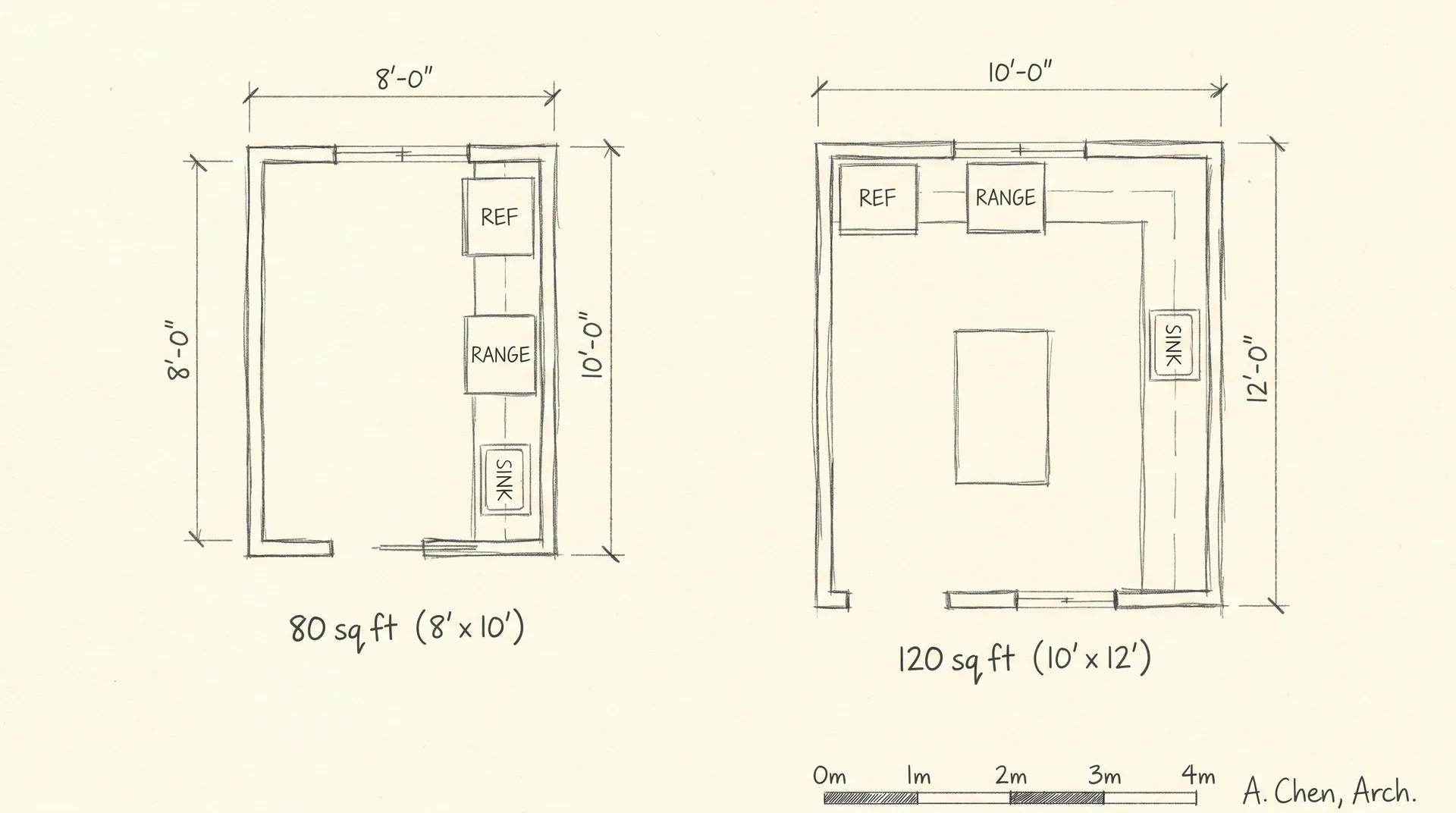 Side-by-side floor plan sketch comparing an 80-square-foot kitchen with a 120-square-foot kitchen, showing dimension marks