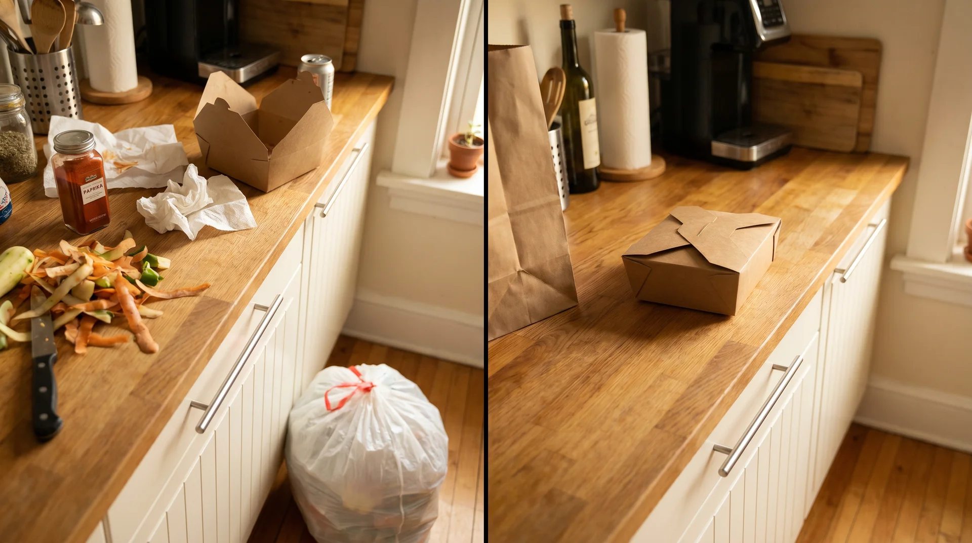 Side-by-side kitchen scenes contrasting home-cooking waste volume with takeout-heavy minimal kitchen waste
