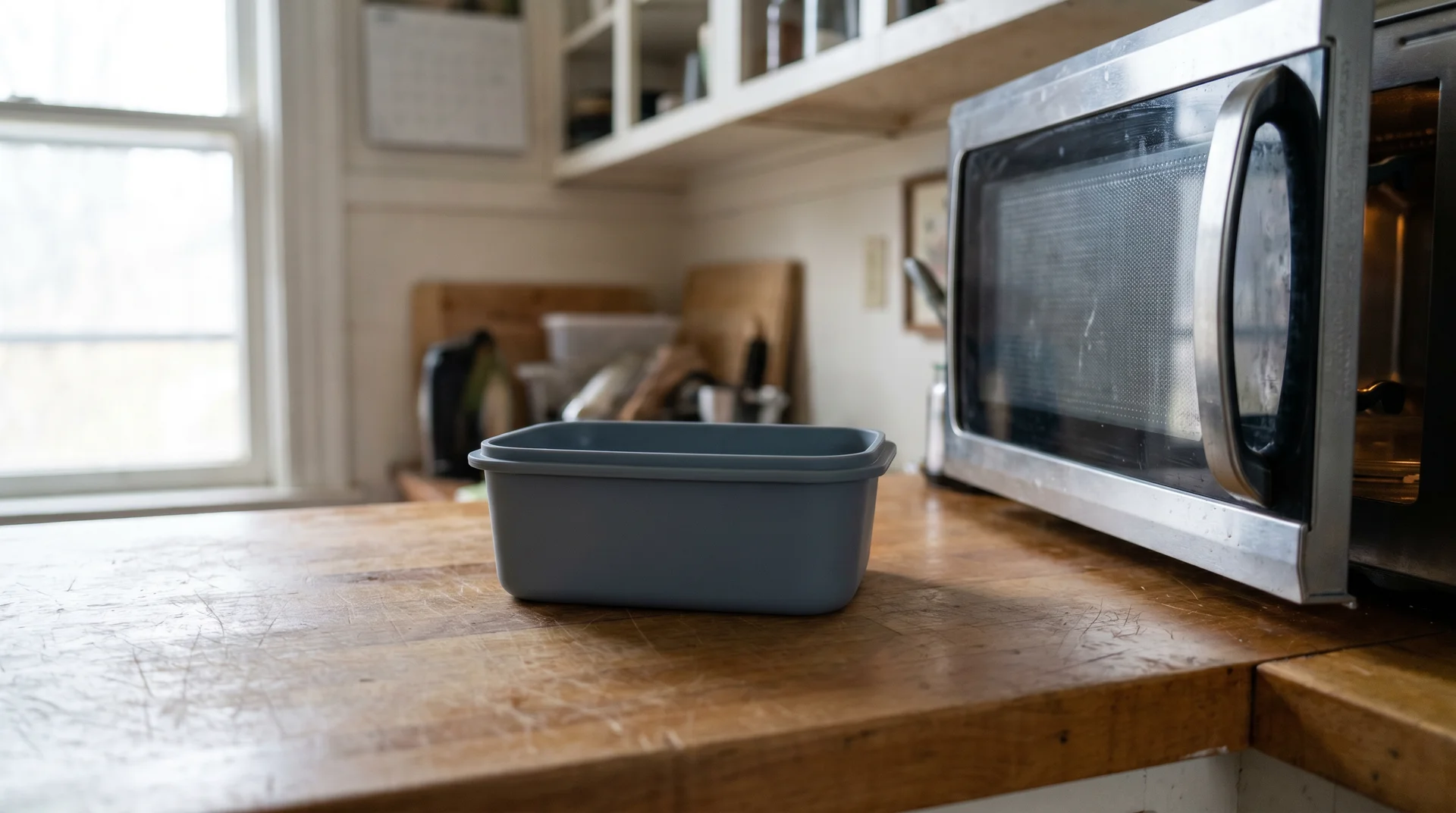 Silicone food container on kitchen counter next to open microwave