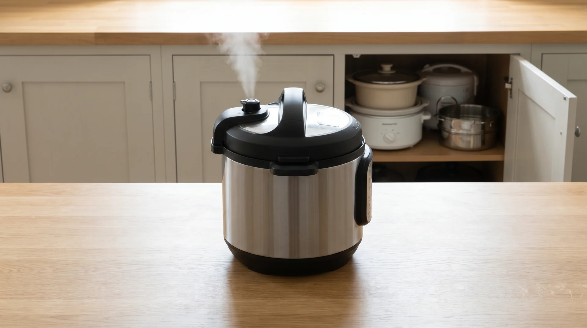 Single multi-cooker on clear tiny kitchen counter with replaced slow cooker and rice cooker stored in adjacent cabinet

