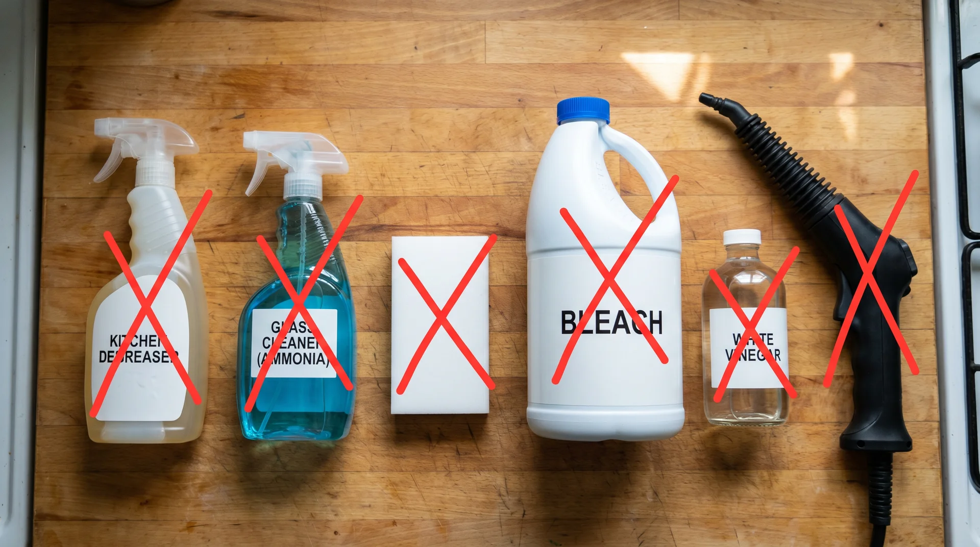 Six cleaning products that damage kitchen cabinet finish,
including bleach, ammonia, and Magic Erasers