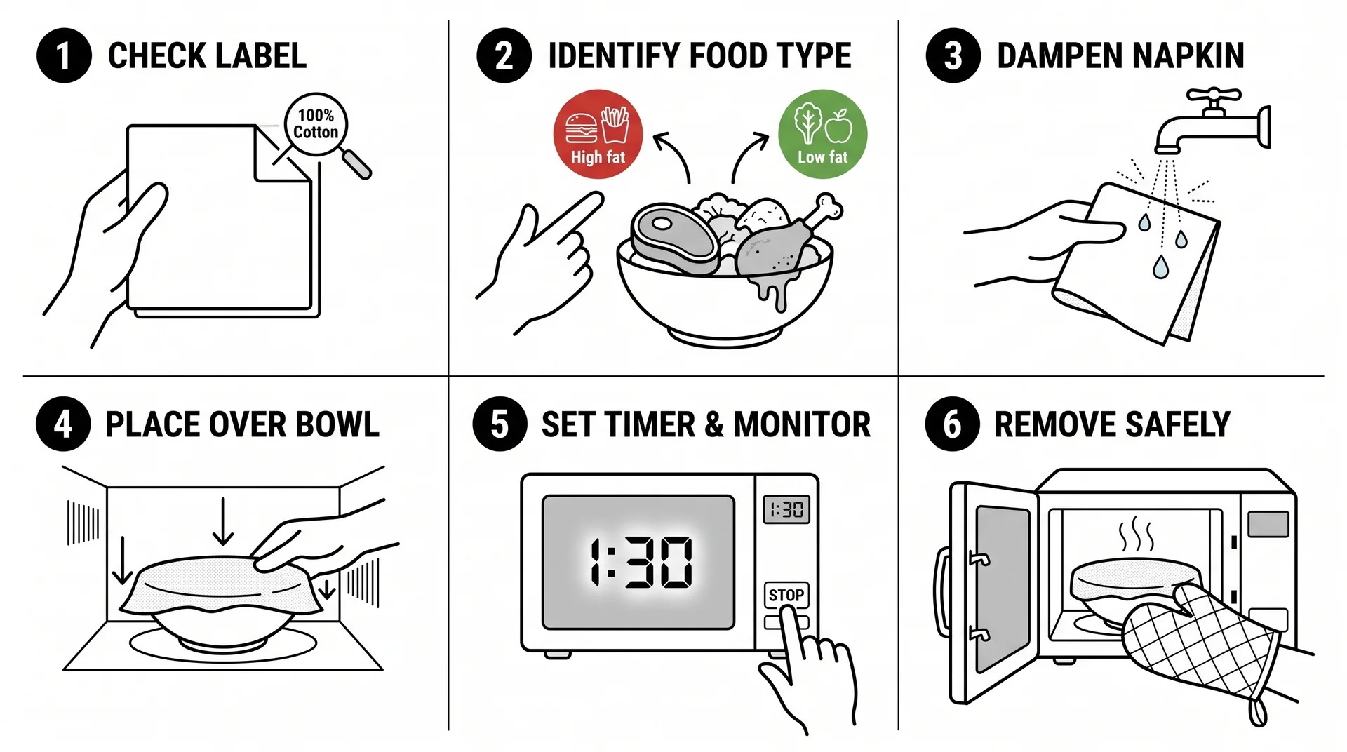 Six-step illustrated guide for safely using a napkin in the microwave, from napkin selection to safe removal

