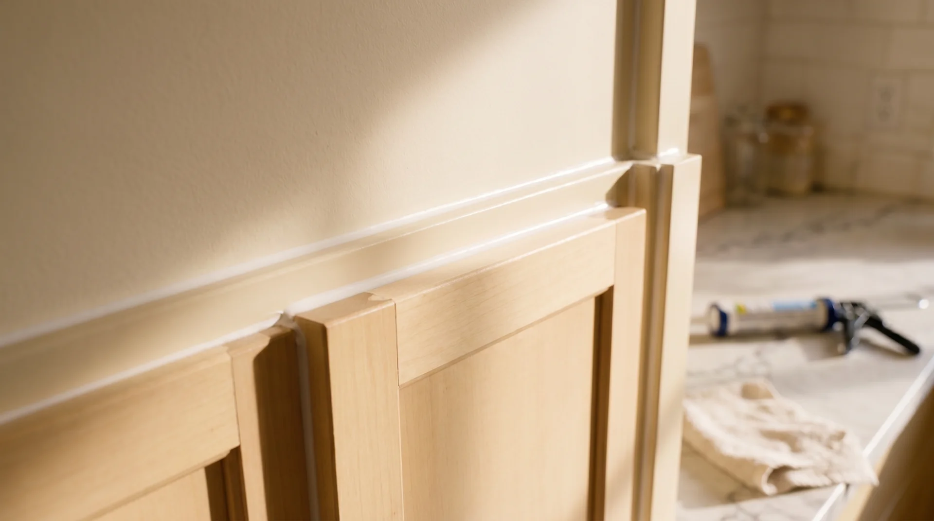 Smooth cabinet seams prepared with caulk before priming