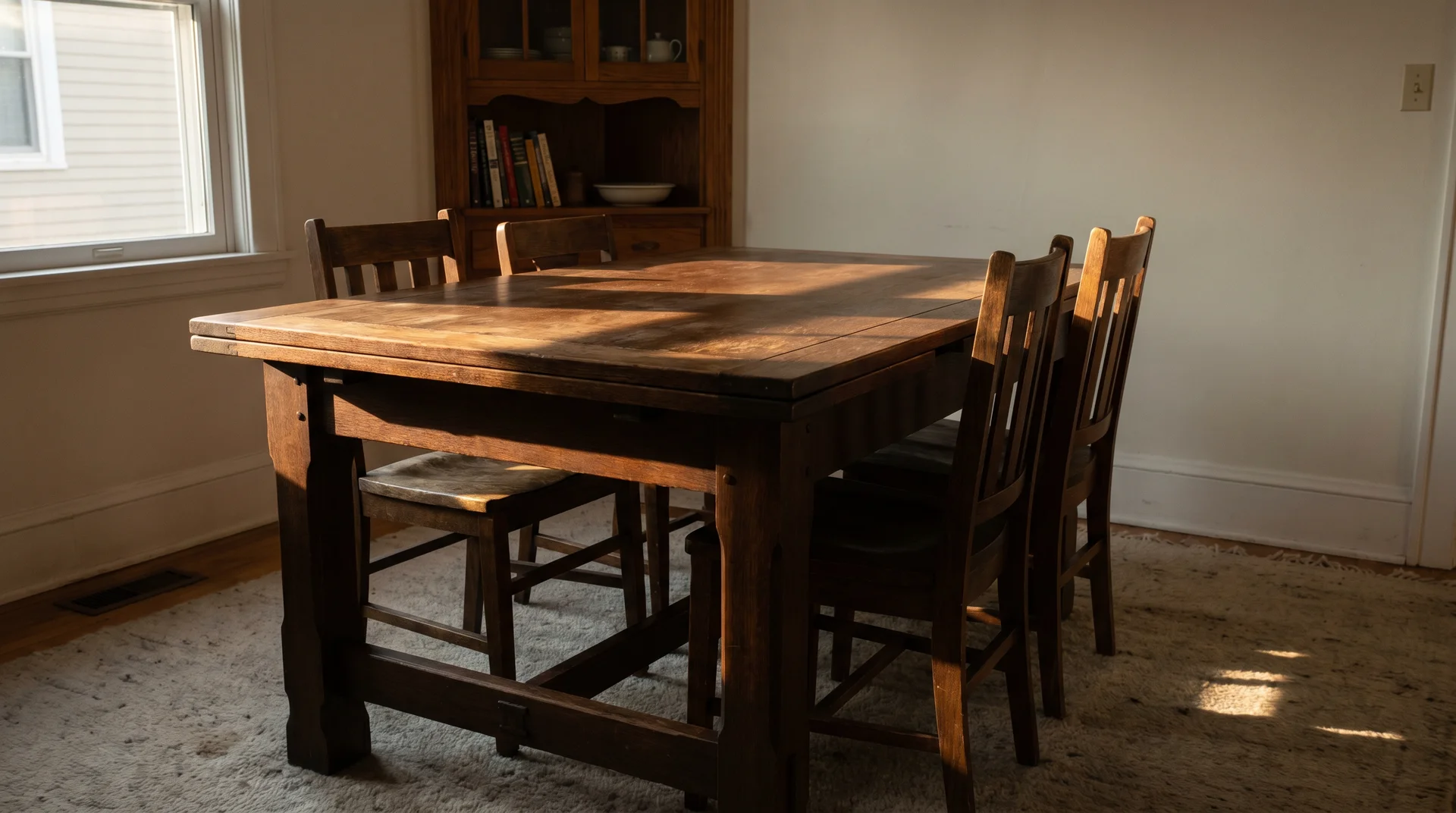 Solid wood dining table in natural light showing apron rail below tabletop surface