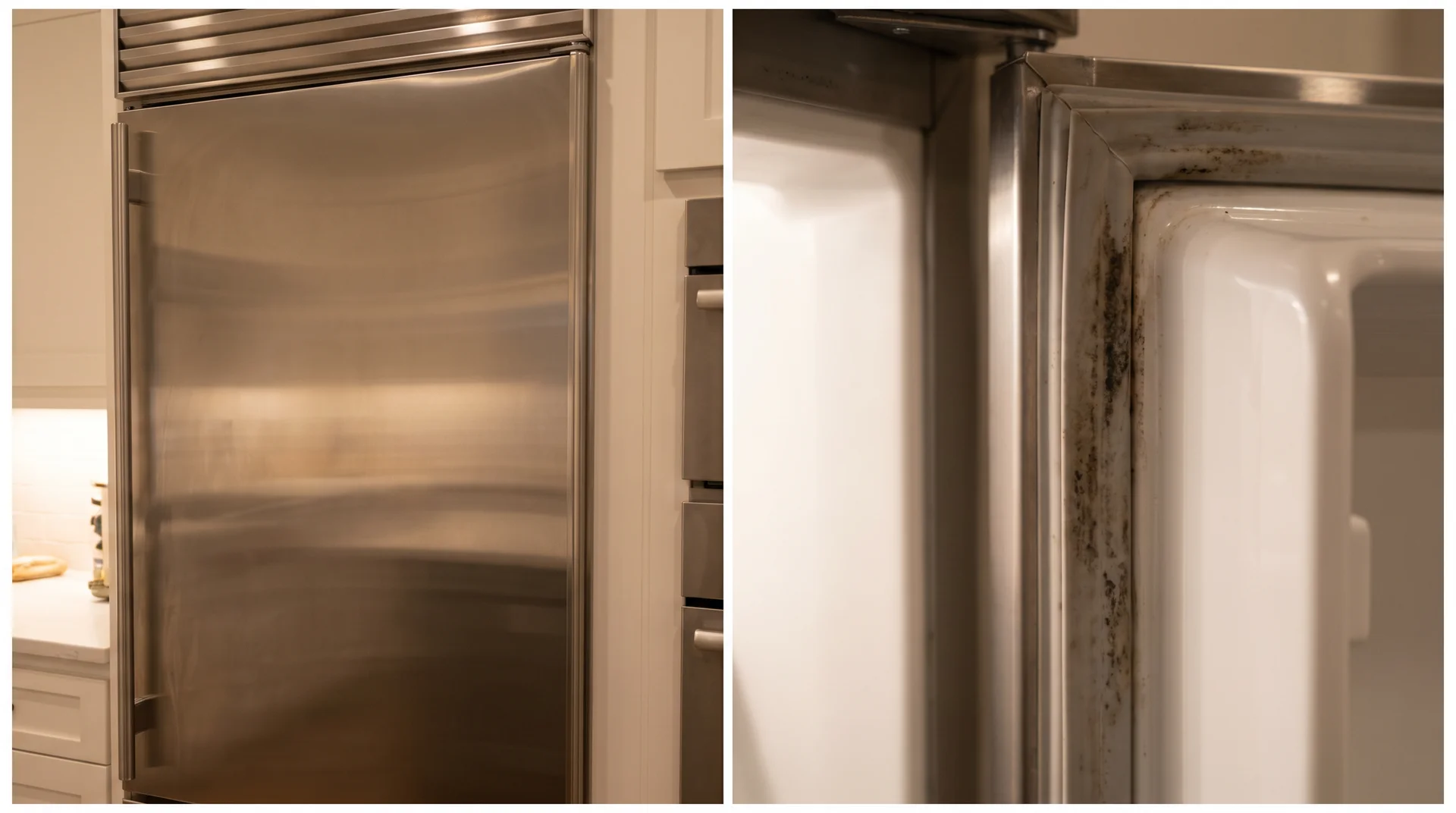 Split image comparing clean stainless refrigerator panel with discolored rubber door gasket where mold grows in the folds
