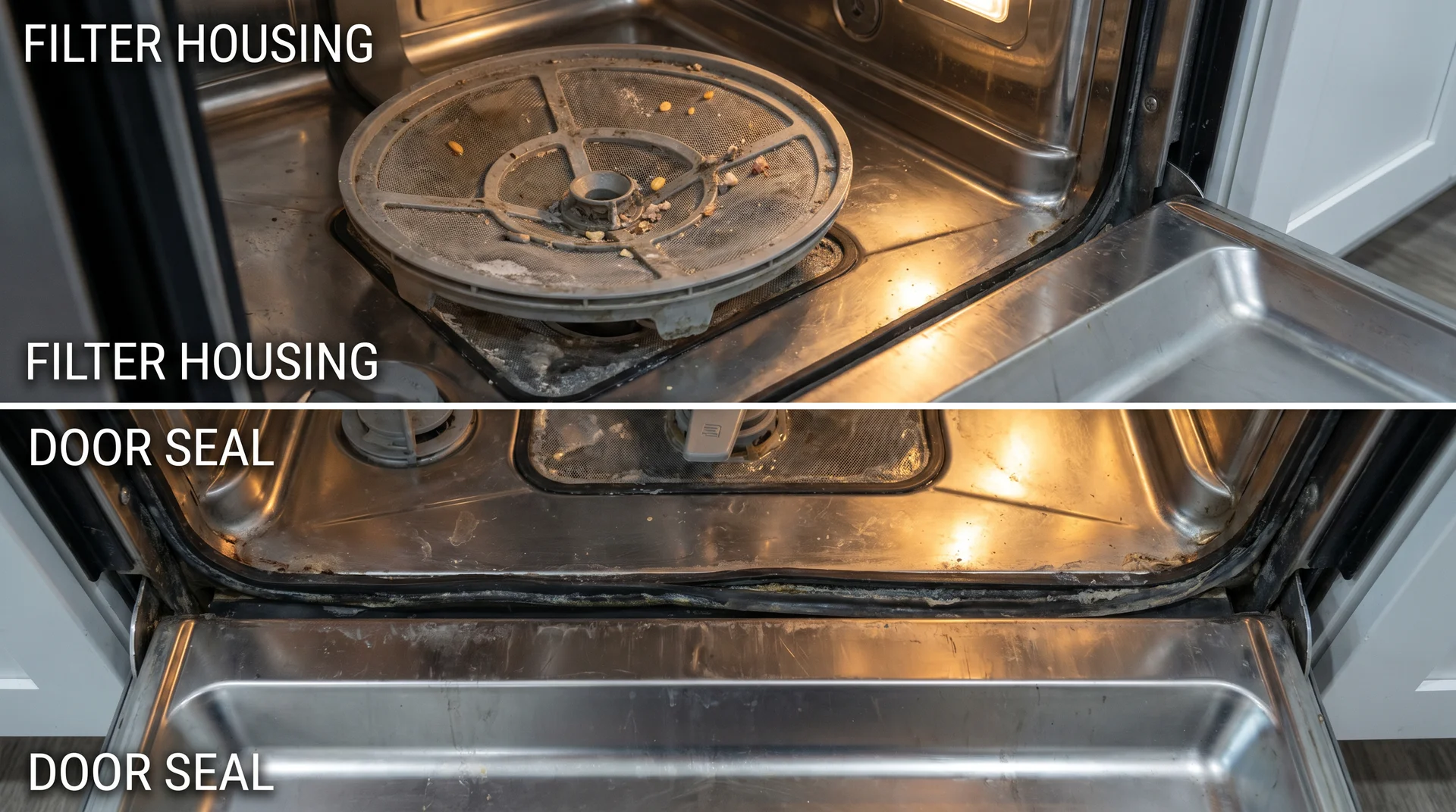 Stainless steel dishwasher interior showing filter housing at base and rubber door seal where mold risk concentrates