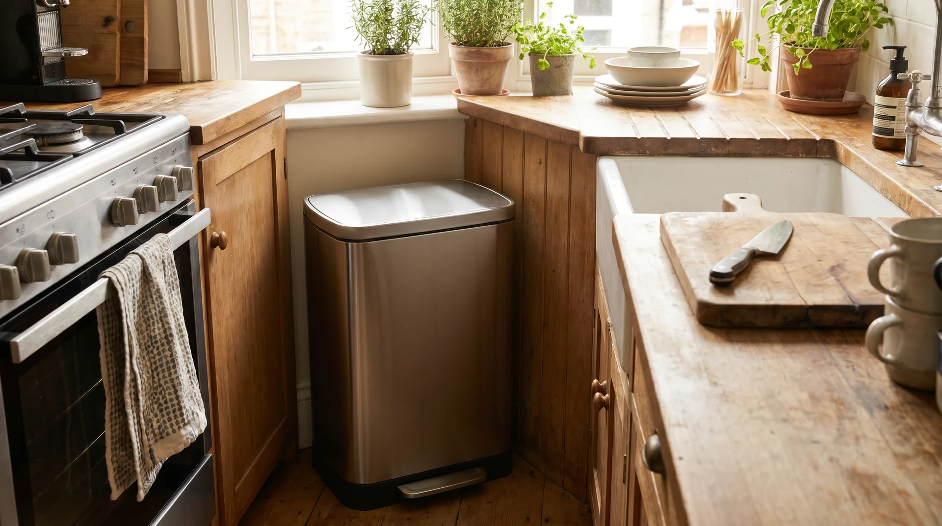 Stainless step-pedal kitchen trash can in a real home kitchen with natural light and lived-in counter surfaces
