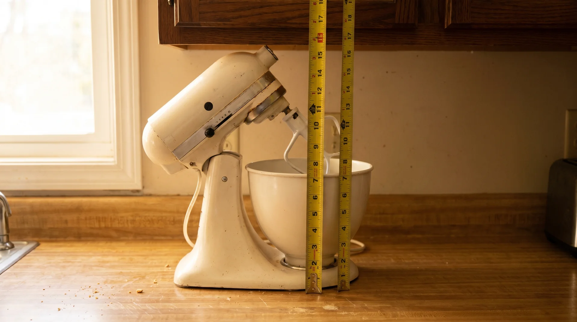 Stand mixer with head raised in operating position under upper kitchen cabinet, tape measure showing tight clearance