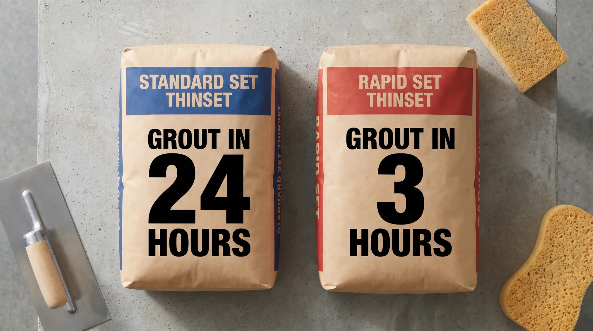 Standard thinset and rapid-set thinset bags side by side showing different grout wait times on labels