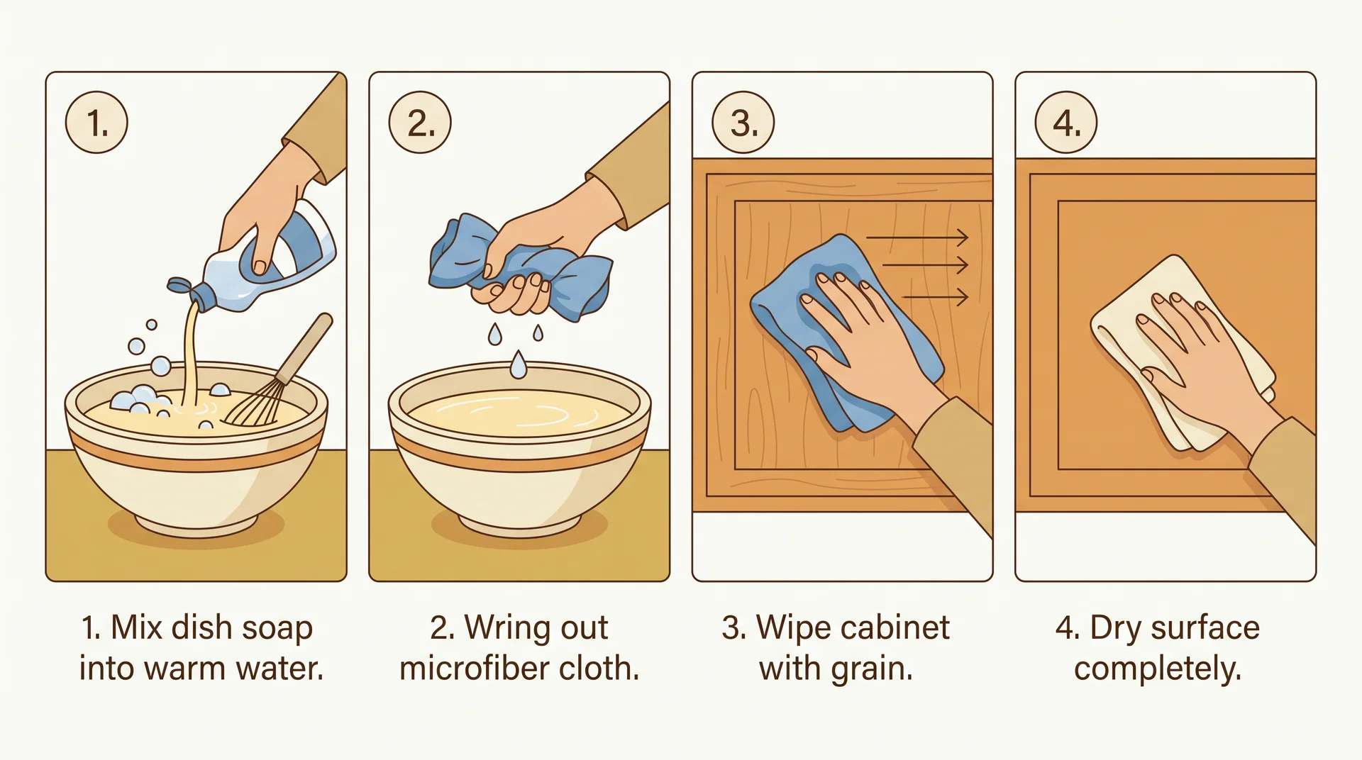 Step-by-step diagram for cleaning kitchen cabinets with dish
soap and microfiber cloth