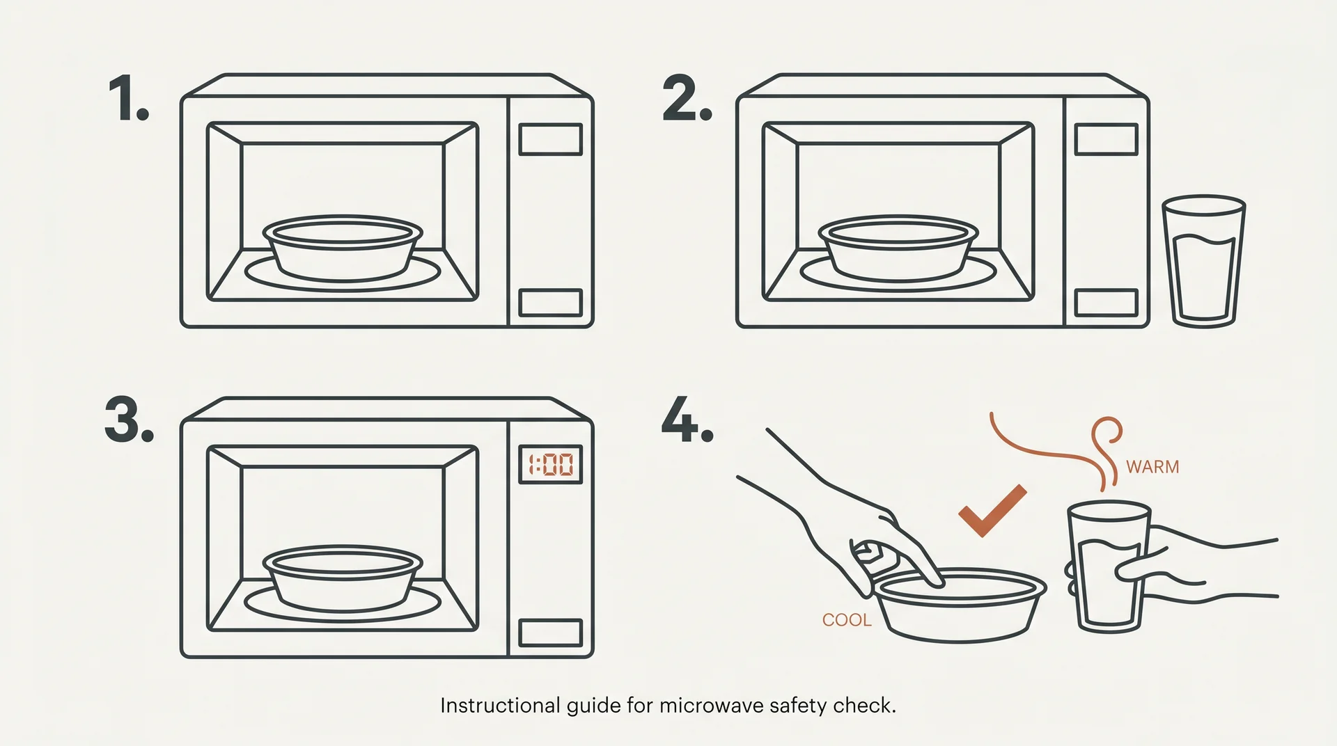 Step-by-step diagram showing four steps of the ceramic microwave water safety test
