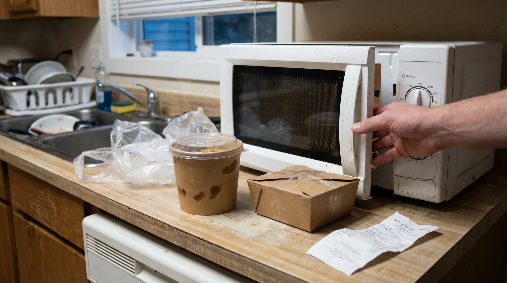 Takeout kraft paper noodle bowl and deli container on counter beside open microwave showing typical reheating situation