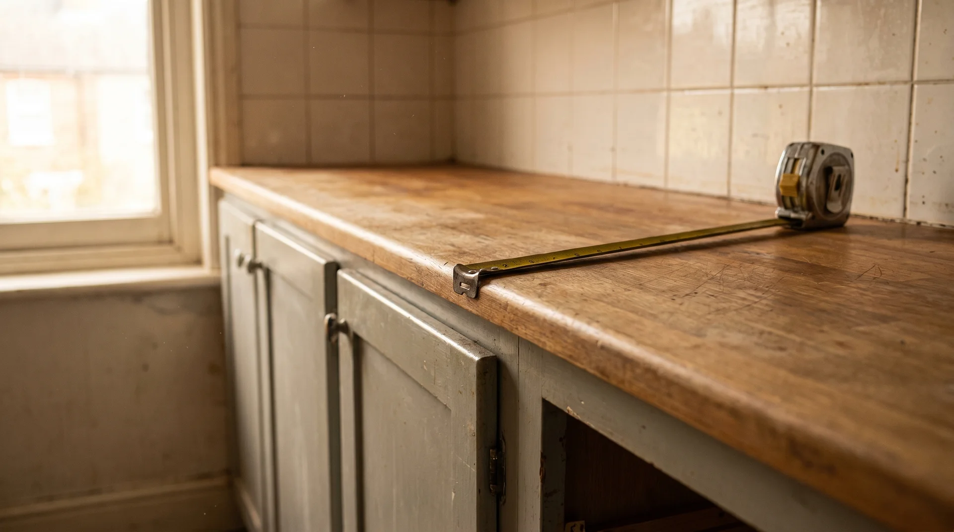 Tape measure extended along a kitchen base cabinet to show the 24-inch standard depth