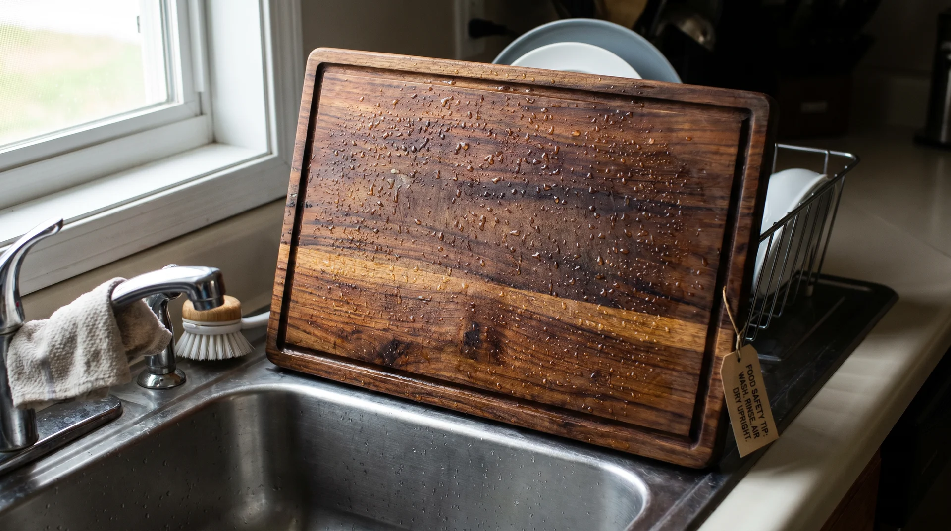 Teak cutting board standing upright on edge drying after washing, water beading on surface