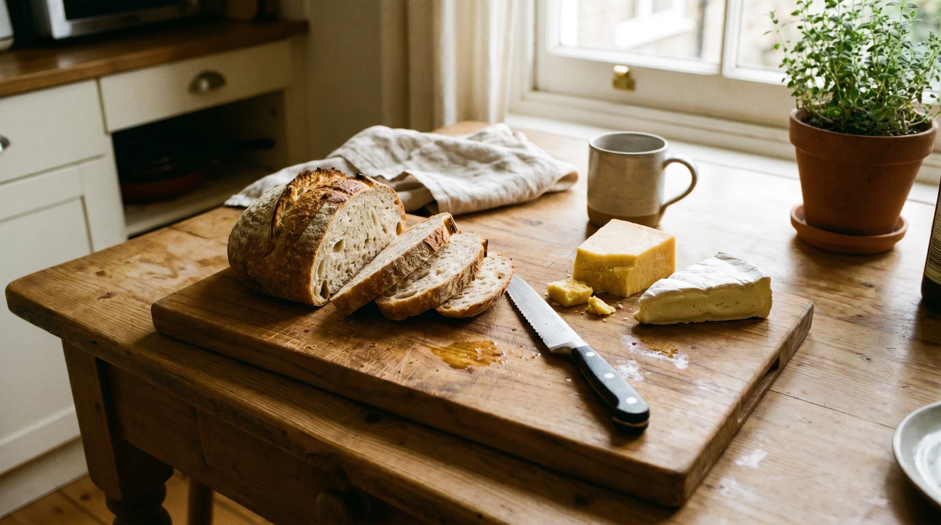 Teak cutting board used as a serving board with bread and cheese on a kitchen table