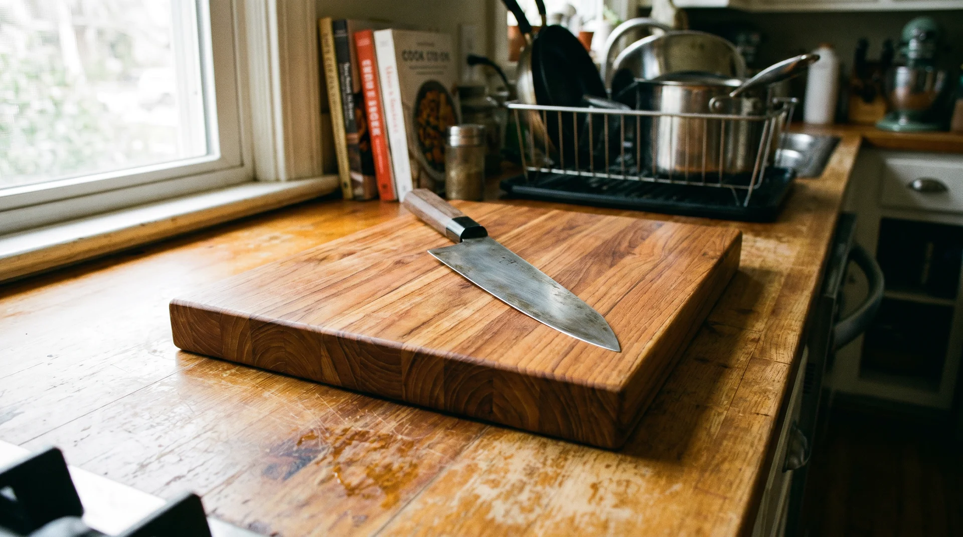 Teak edge grain cutting board with chef's knife in a home kitchen, natural light