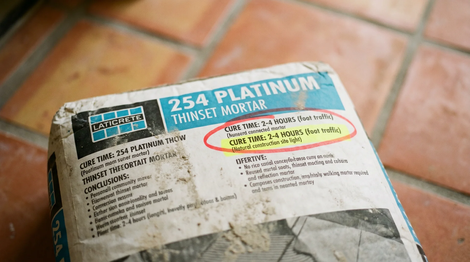 Thinset mortar bag with manufacturer cure time instructions on tile floor