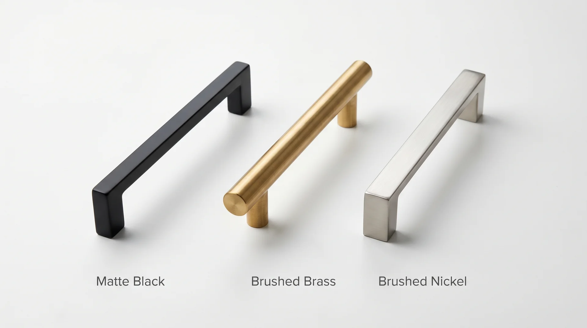 Three appliance pull finishes side by side — matte black, brushed brass, brushed nickel — on white surface 