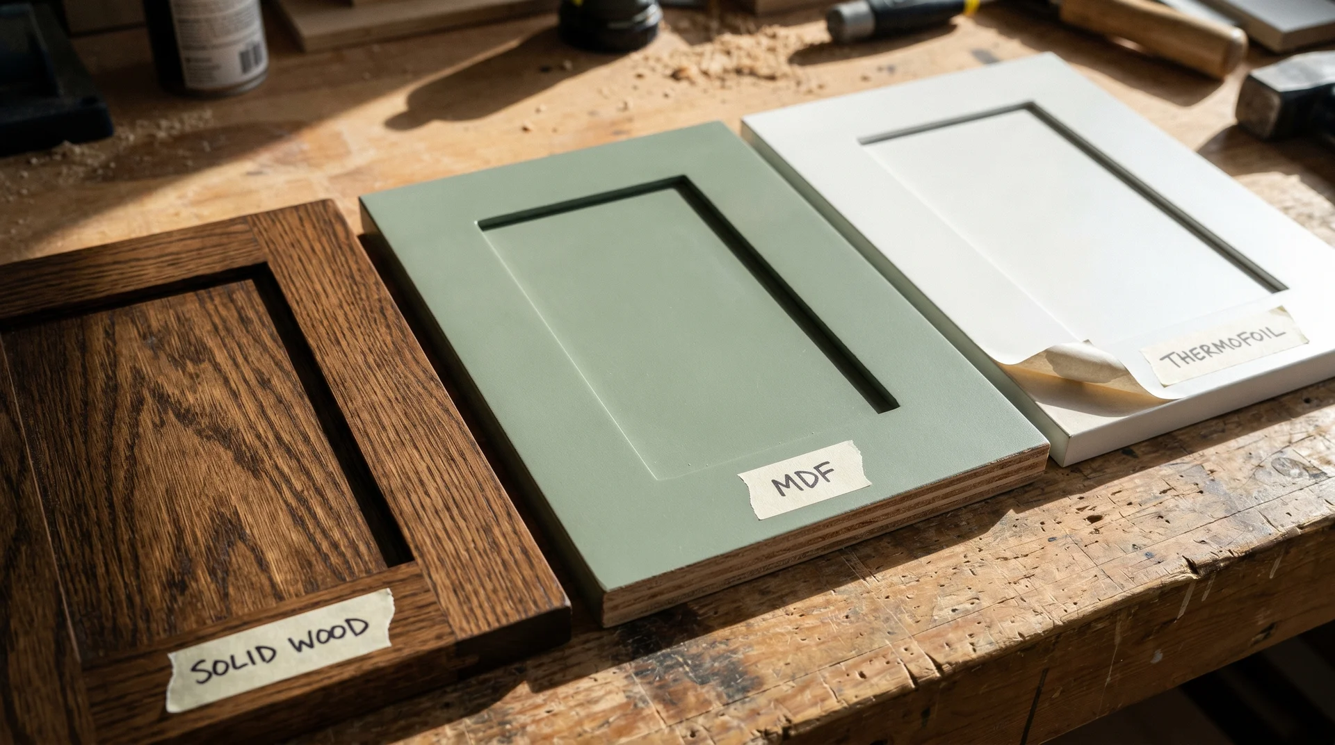 Three cabinet door surface types compared — solid wood, MDF, and thermofoil — on a workbench
