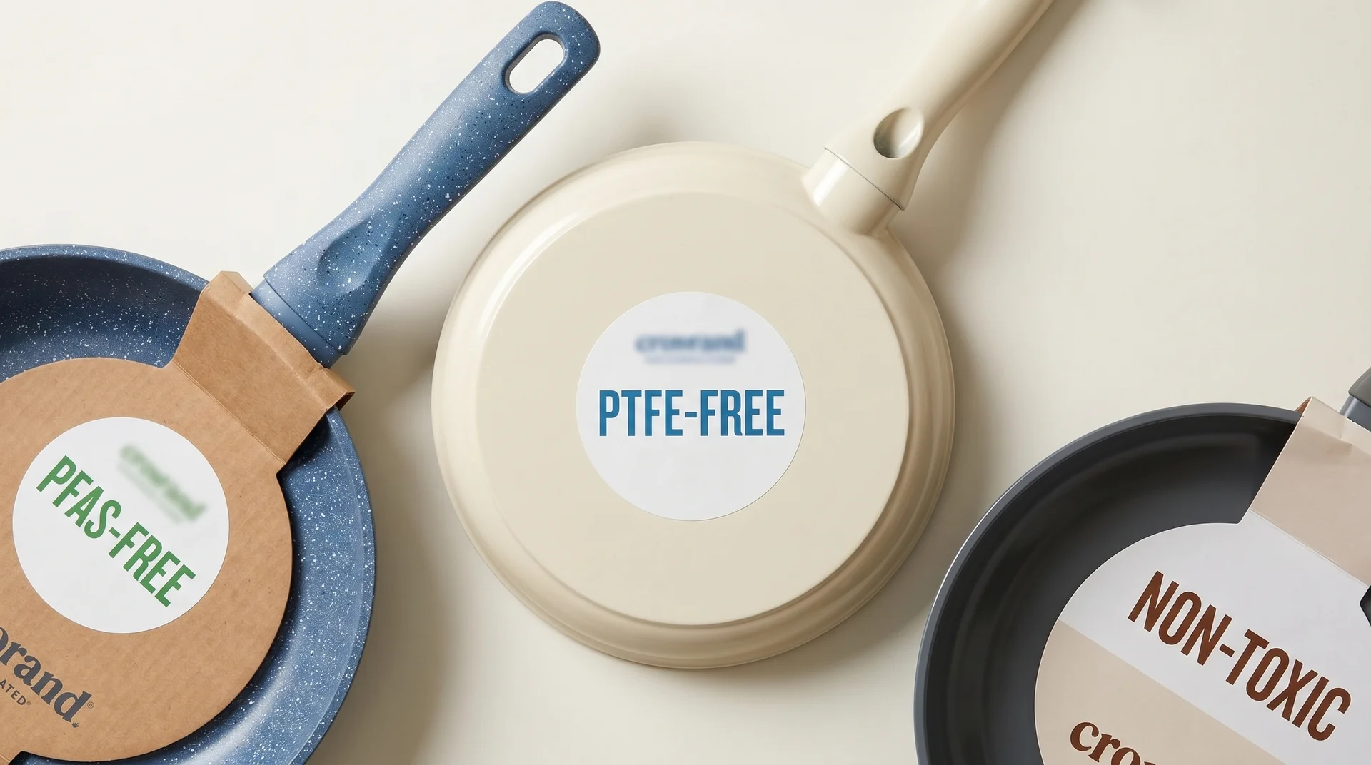 Three ceramic pans with different non-toxic labeling claims, overhead view, packaging detail
