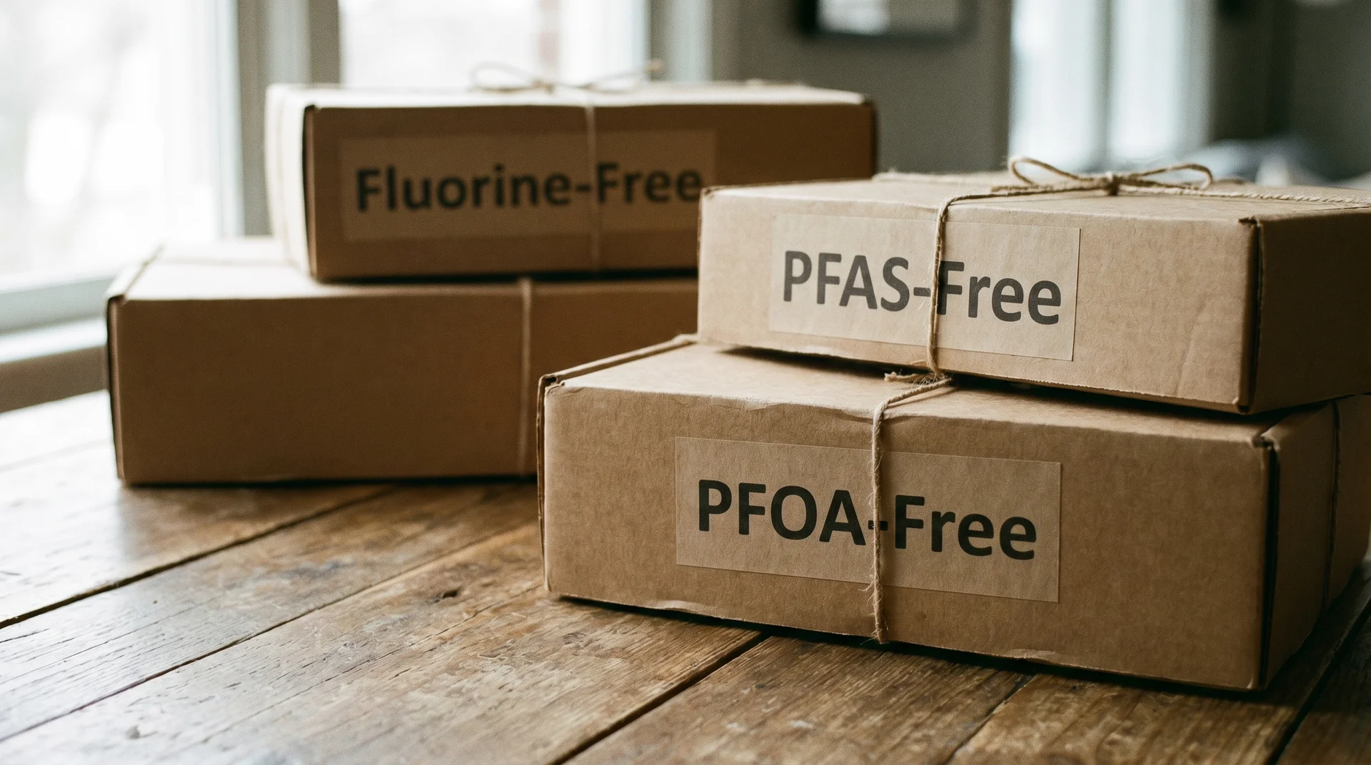 Three cookware boxes showing PFOA-free, PFAS-free, and fluorine-free label claims side by side
