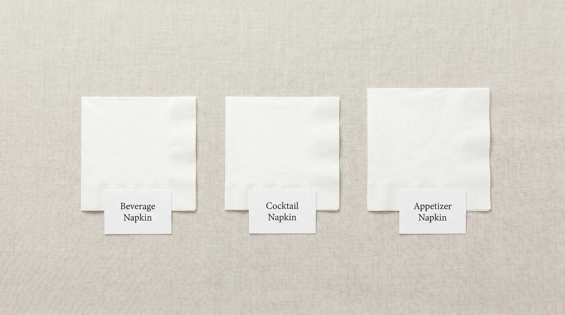 Three identical white folded napkins labeled beverage napkin, cocktail napkin, and appetizer napkin showing they are the same product

