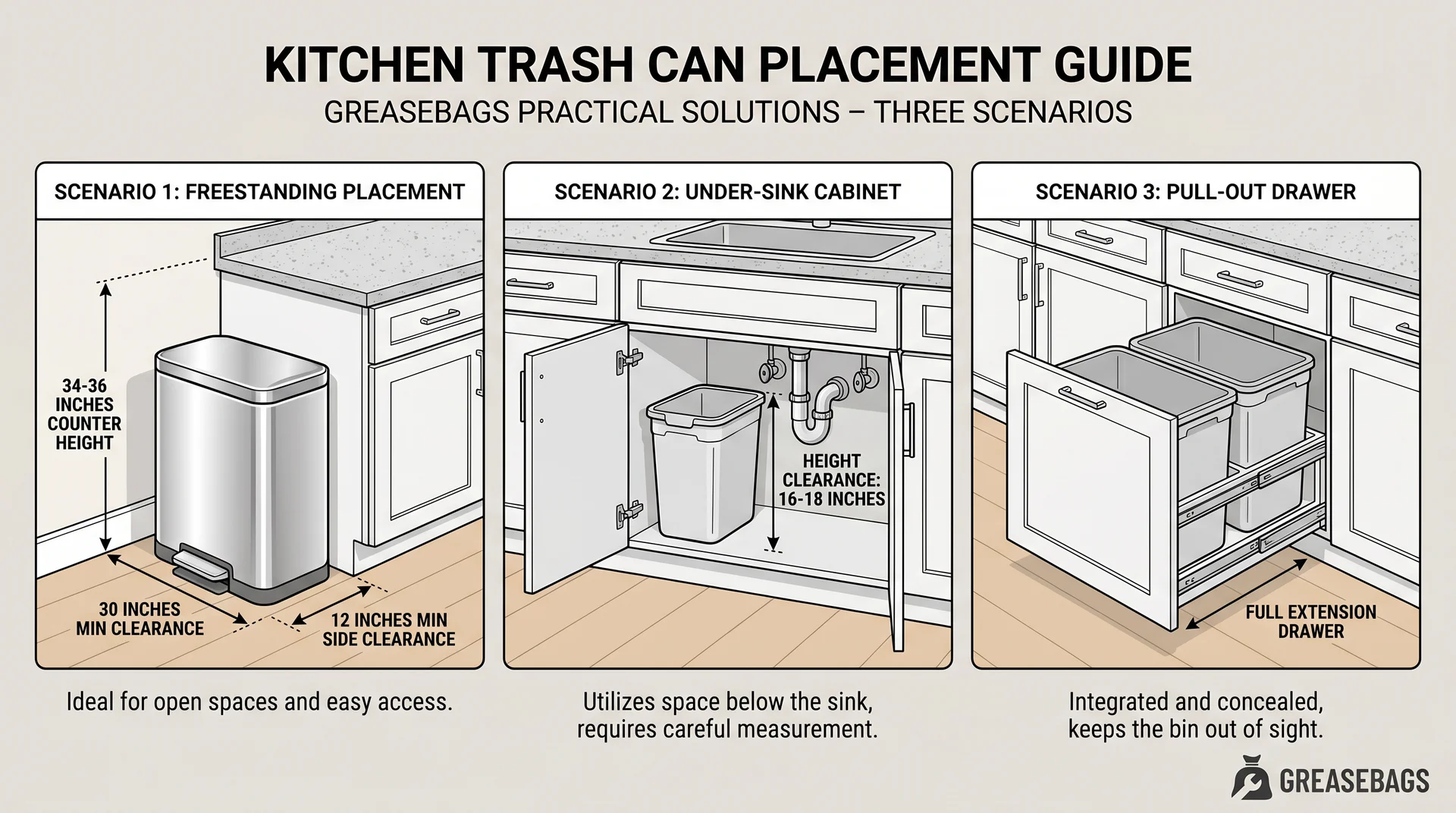 Three kitchen trash can placement types — freestanding, under-sink, and pull-out cabinet — with labelled clearance dimensions
