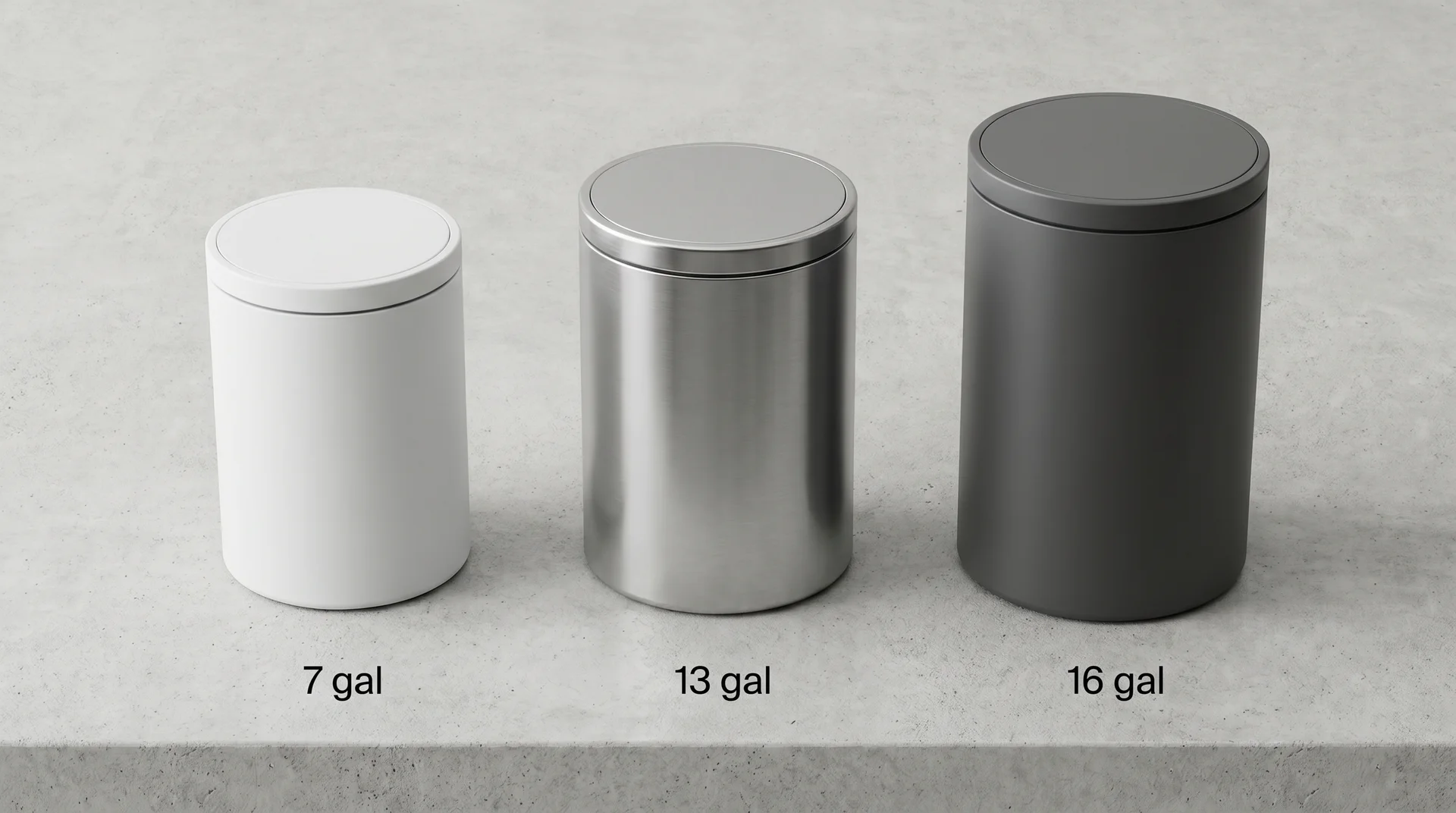Three kitchen trash cans side by side showing 7-gallon, 13-gallon, and 16-gallon size comparison
