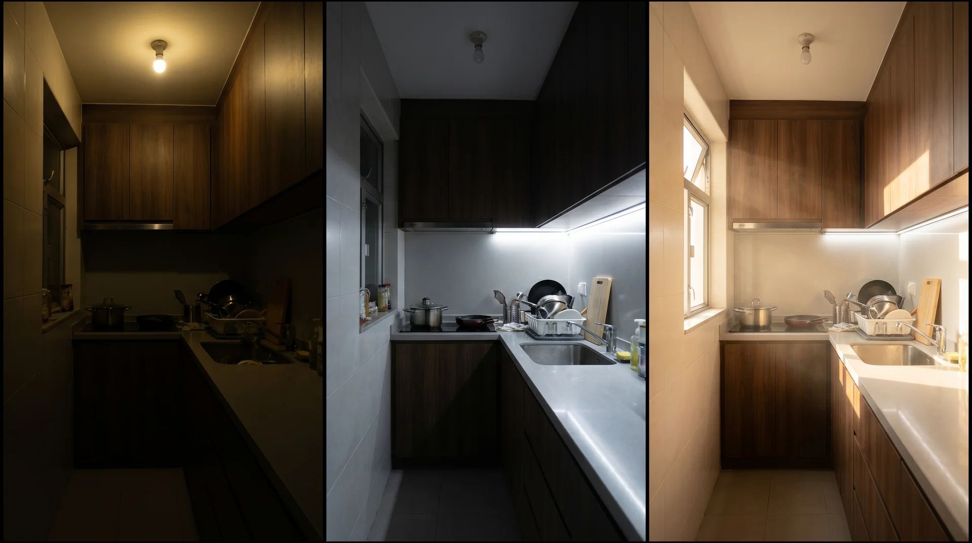 Three-panel comparison of same tiny kitchen galley under overhead lighting only, under-cabinet lights added, and with counter-height window natural light
